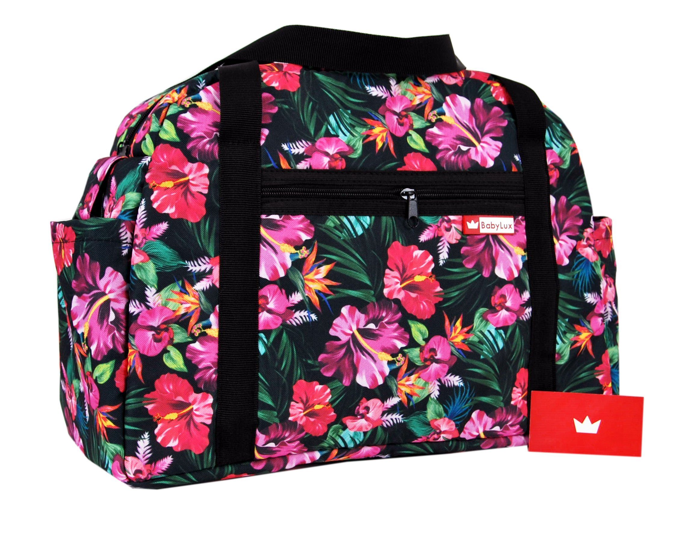 BabyLux Wickeltasche BabyLux Wickeltasche COLORFUL Kinderwagen Buggy Große Handtasche, 81. Schwarz + Hibiskus
