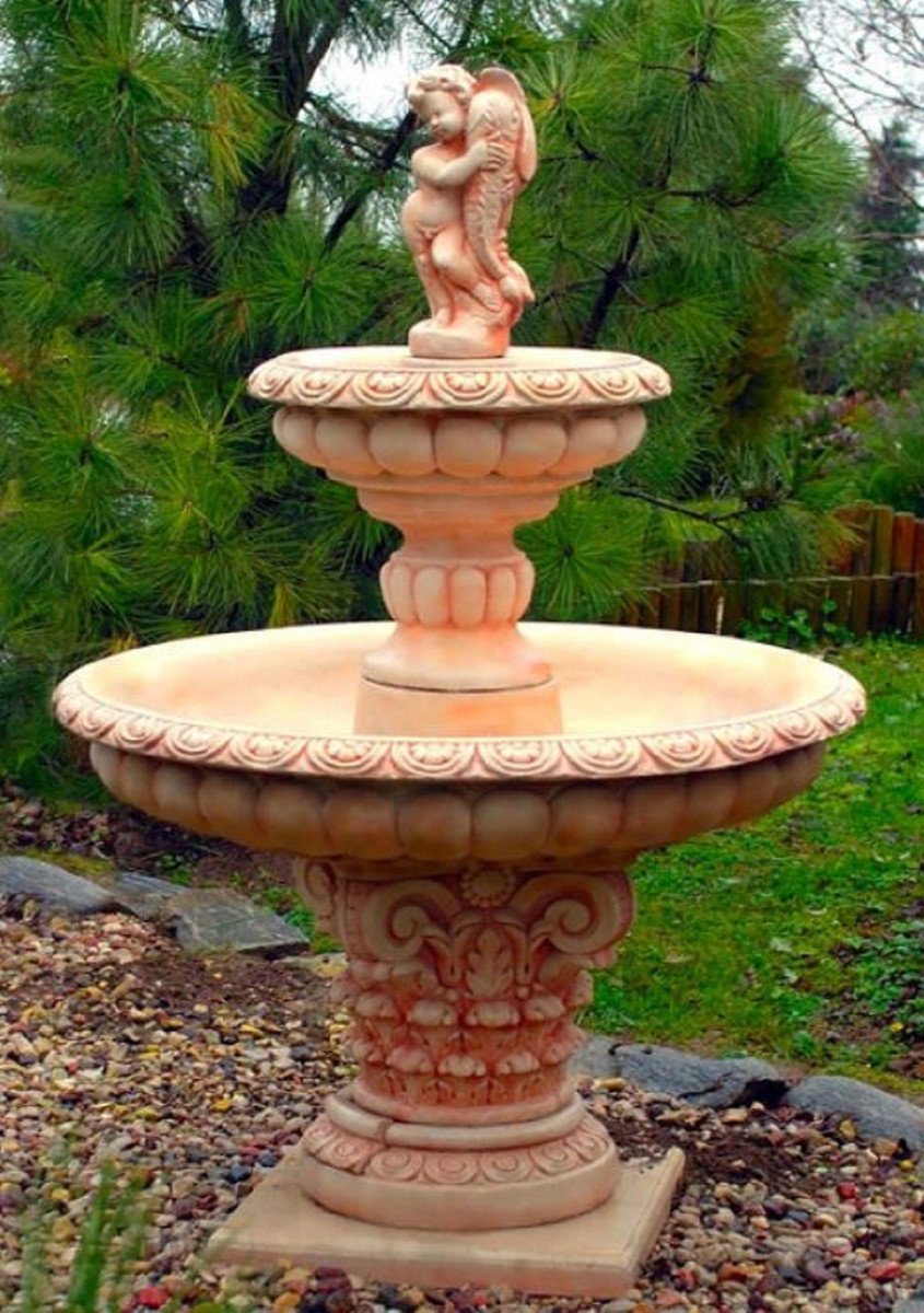 Casa Padrino Gartenbrunnen Jugendstil Gartenbrunnen Junge mit Goldfisch Beige / Rot Ø 114 x H. 171 cm - Gartendeko Brunnen - Springbrunnen
