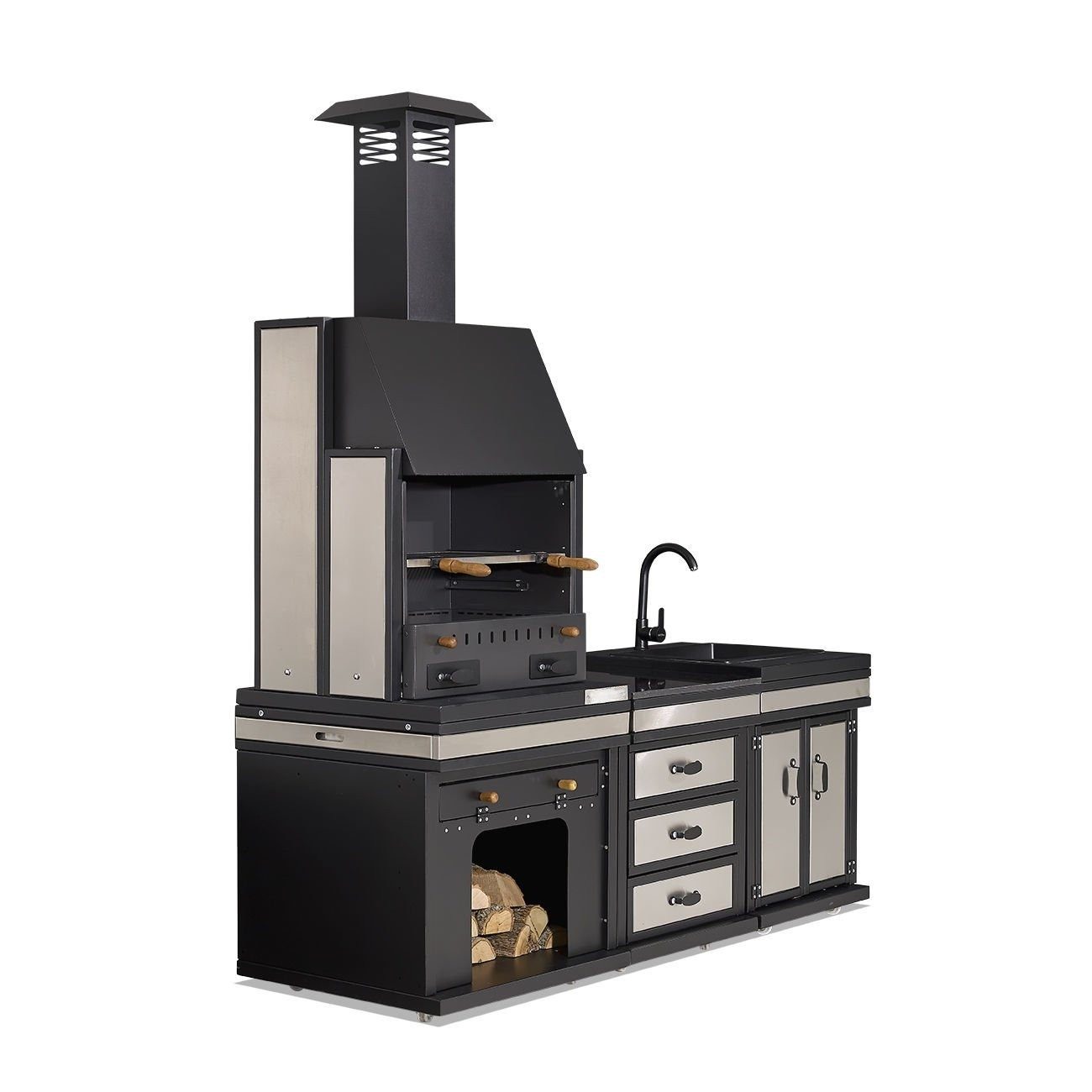 JVmoebel Outdoor-Küche Schwarze Edelstahl Außenküche mit Grill- und Kochmöglichkeiten, Made in Europe