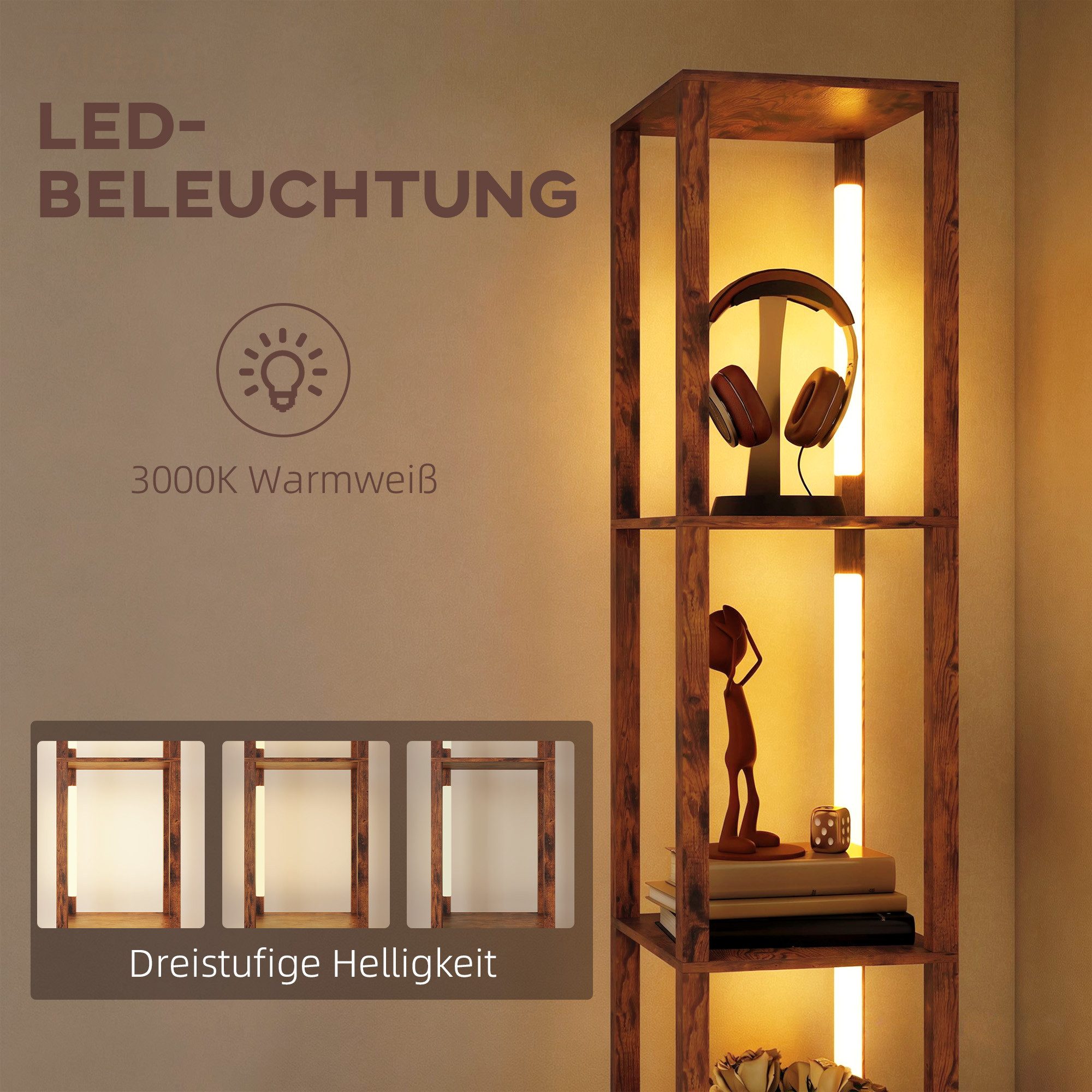 HOMCOM Stehlampe Wohnzimmer Standleuchte mit Fußschalter, für Büro, Rustikal-Braun, Dimmfunktion, LED fest integriert, Warmweiß, 3-in-1 LED Stehlampe mit Ablage – Bild 5 von 5