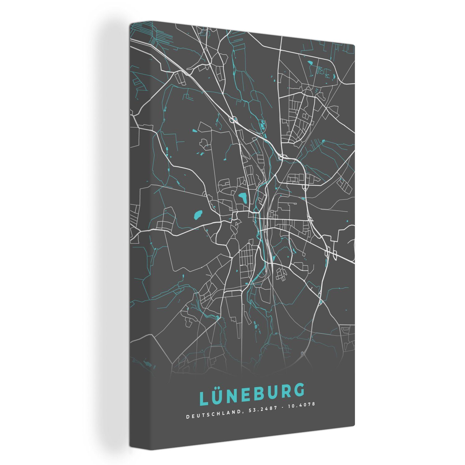 OneMillionCanvasses® Leinwandbild Blau Deutschland Zackenaufhänger, - Karte St), inkl. Lüneburg, bespannt Stadtplan Gemälde, - - fertig - 20x30 cm Leinwandbild (1