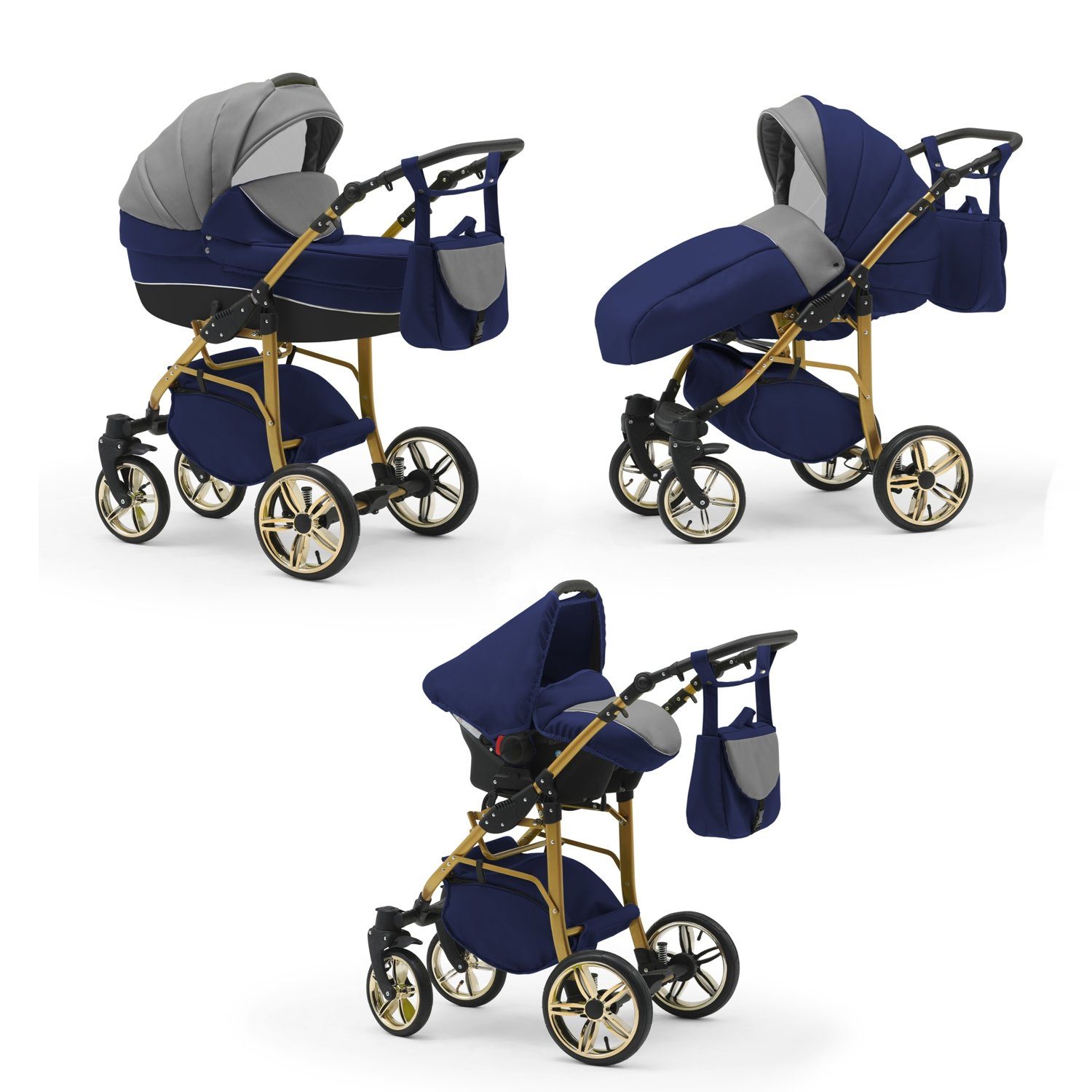 babies-on-wheels Kombi-Kinderwagen 3 in 1 Kinderwagen-Set Cosmo ECO Gold - 16 Teile - in 46 Farben Grau-Navy-Schwarz