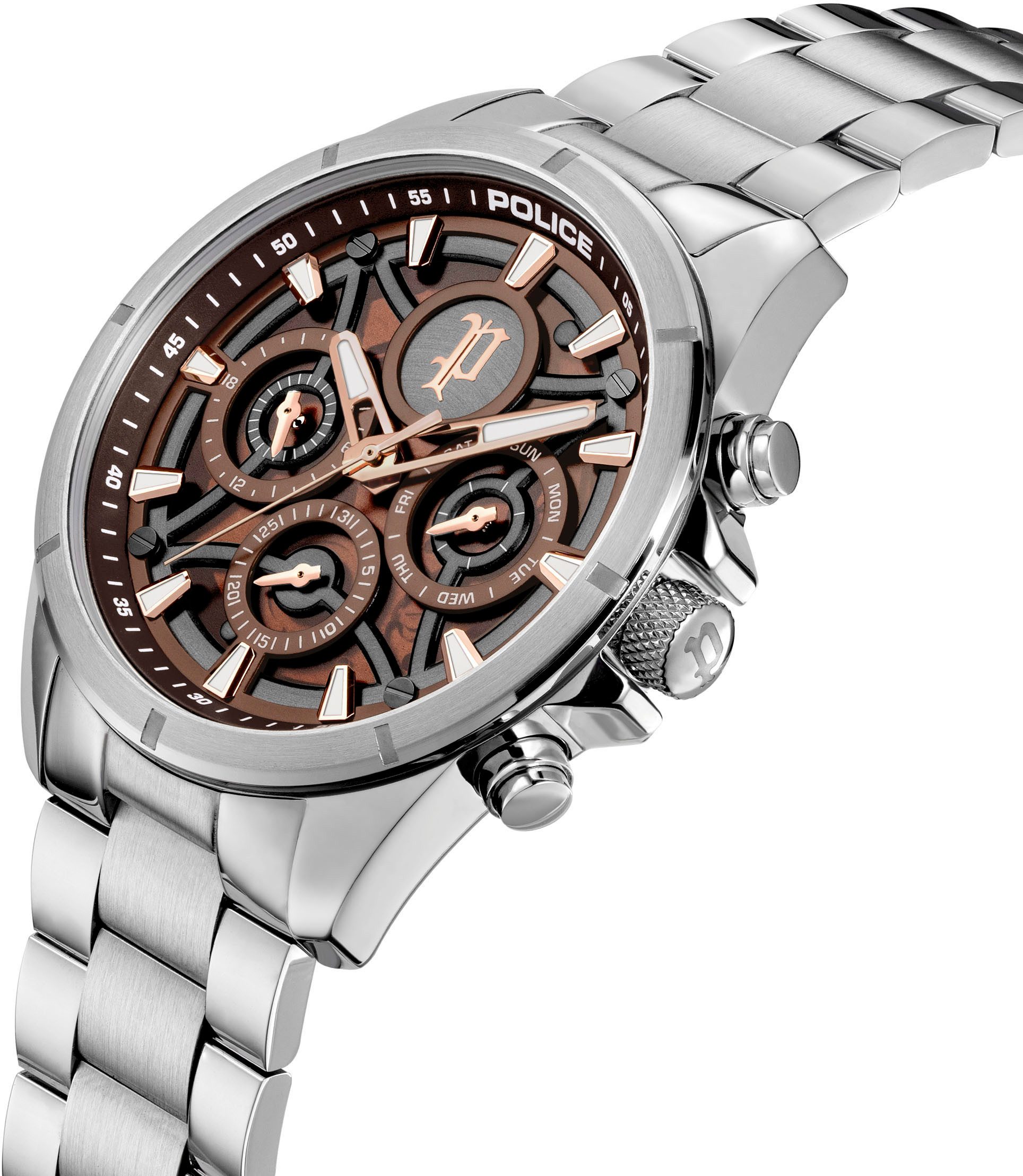 Police Multifunktionsuhr DEFENDER PEWJK2227812, Quarzuhr, Armbanduhr, Herrenuhr, Edelstahlarmband, analog