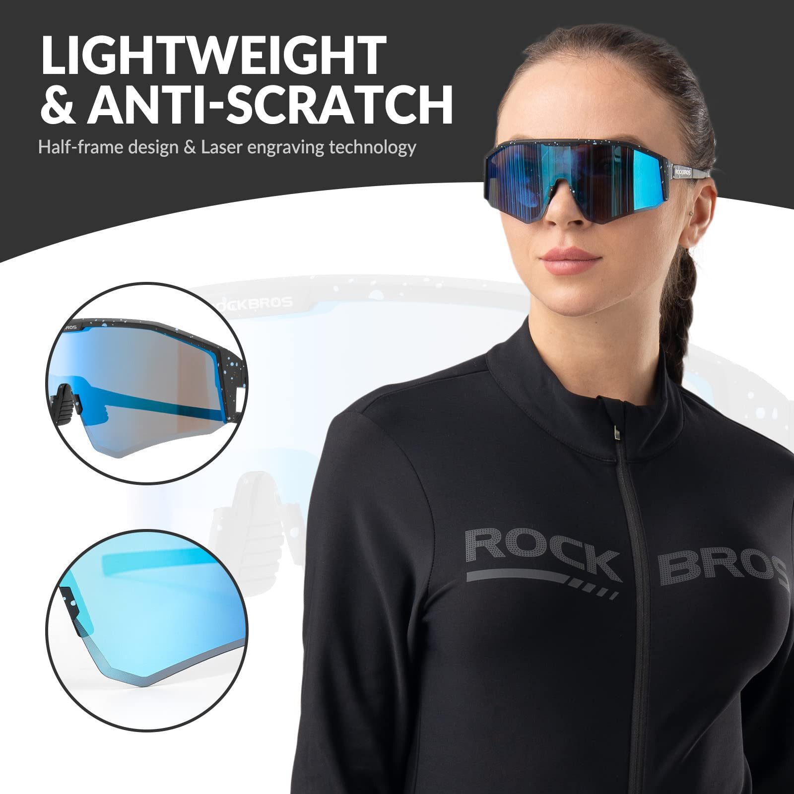 ROCKBROS Fahrradbrille Polarisierte Fahrradbrillen Damen Herren, (TAC-Gläser + TR90-Rahmen), Verstellbarer-Bügel-Design für Radfahren Laufen Angeln