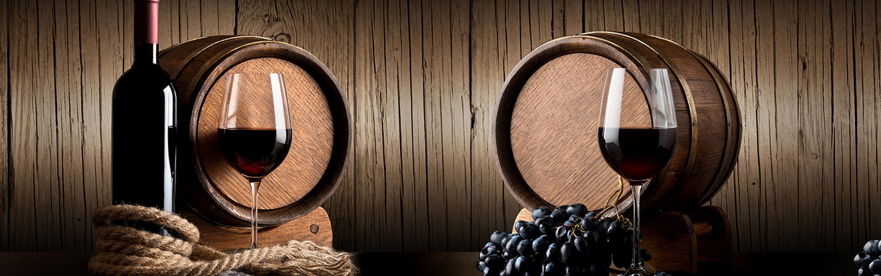 Küchenrückwand Dunkel Premium Holz, in Hartschaum Nischenrückwand Weintrauben Fass Seil Größen (1-tlg), versch. Wein wandmotiv24