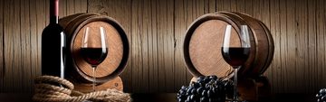 wandmotiv24 Küchenrückwand Wein Fass Dunkel Weintrauben Seil Holz, (1-tlg), Premium Hartschaum Nischenrückwand in versch. Größen