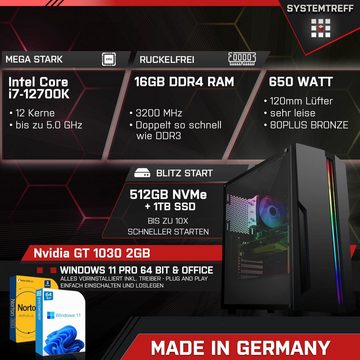 SYSTEMTREFF PC (Intel Core i7 12700K, GT 1030, 16 GB RAM, 512, 1000 GB SSD, Luftkühlung, Windows 11, WLAN)