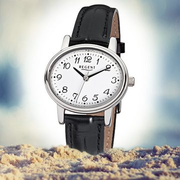 Regent Quarzuhr Regent Damen-Armbanduhr schwarz Analog, Damen Armbanduhr oval, klein (ca. 30x25mm), Lederarmband