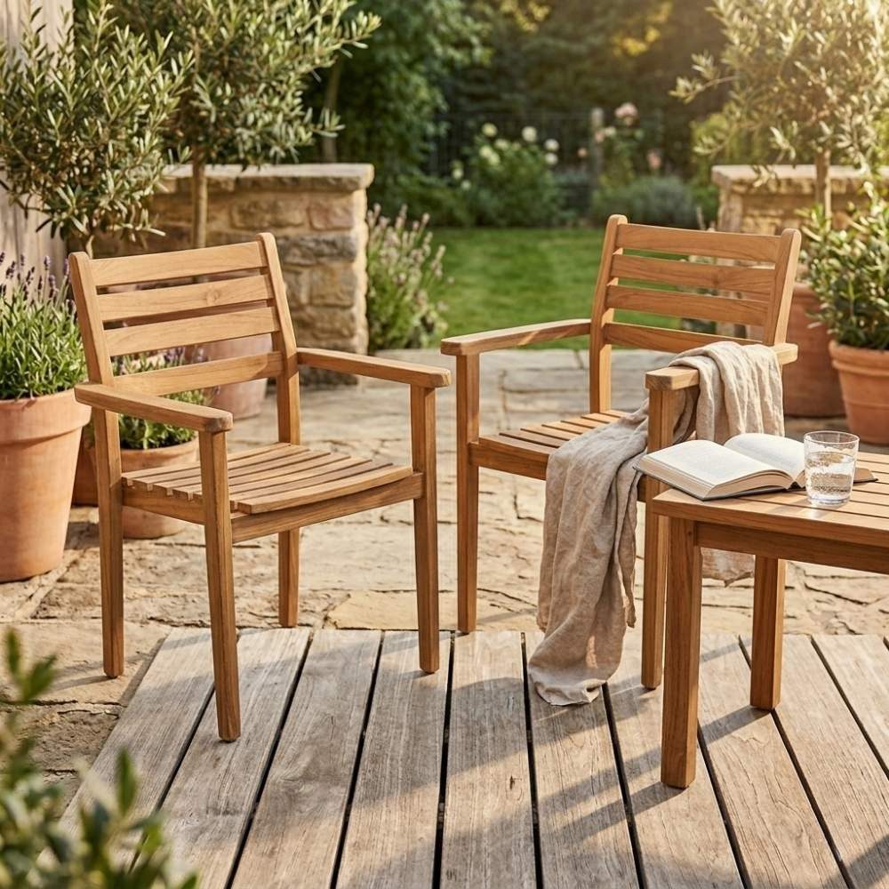 LebensWohnArt Stuhl 2er Set Teakstuhl MICA - stapelbar - Teakholz für Terrasse Balkon