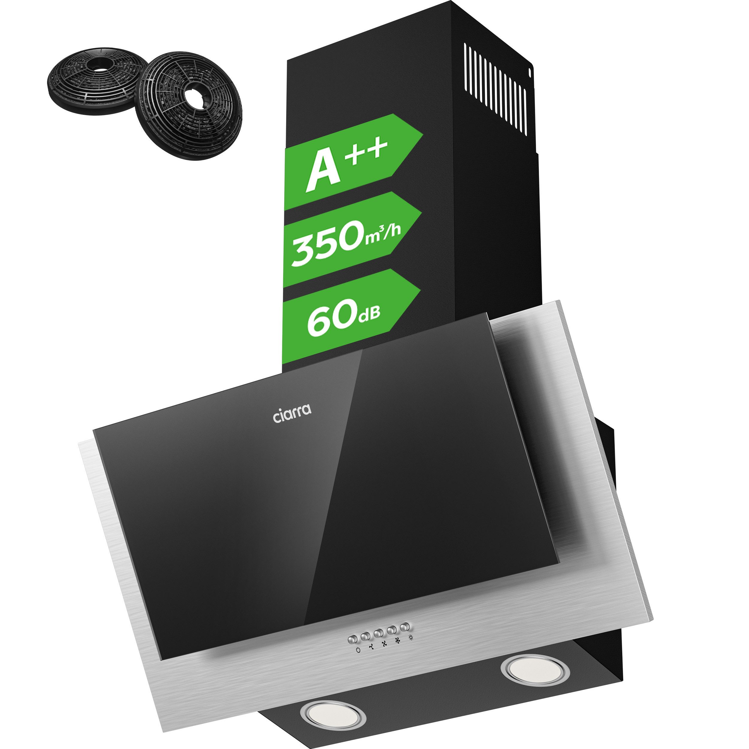 CIARRA Kopffreihaube 60 cm A++ 350m³/h Schräghaube Abluft & Umluft CBCB6736C 60 cm A++ 350m³/h Schräghaube Abluft & Umluft CBCB6736C, Kopffrei Dunstabzugshaube leise mit 2*Kohlefilter & LED 3 Stufen