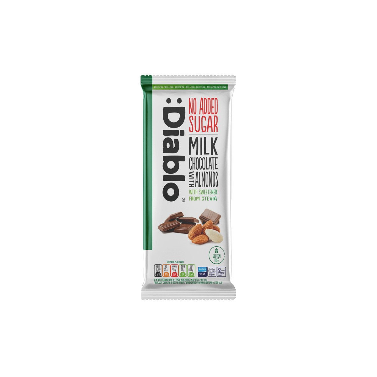 Diablo Schokolade Milchschokolade mit Mandeln Diablo (ohne Zuckerzusatz, mit Stevia), 75