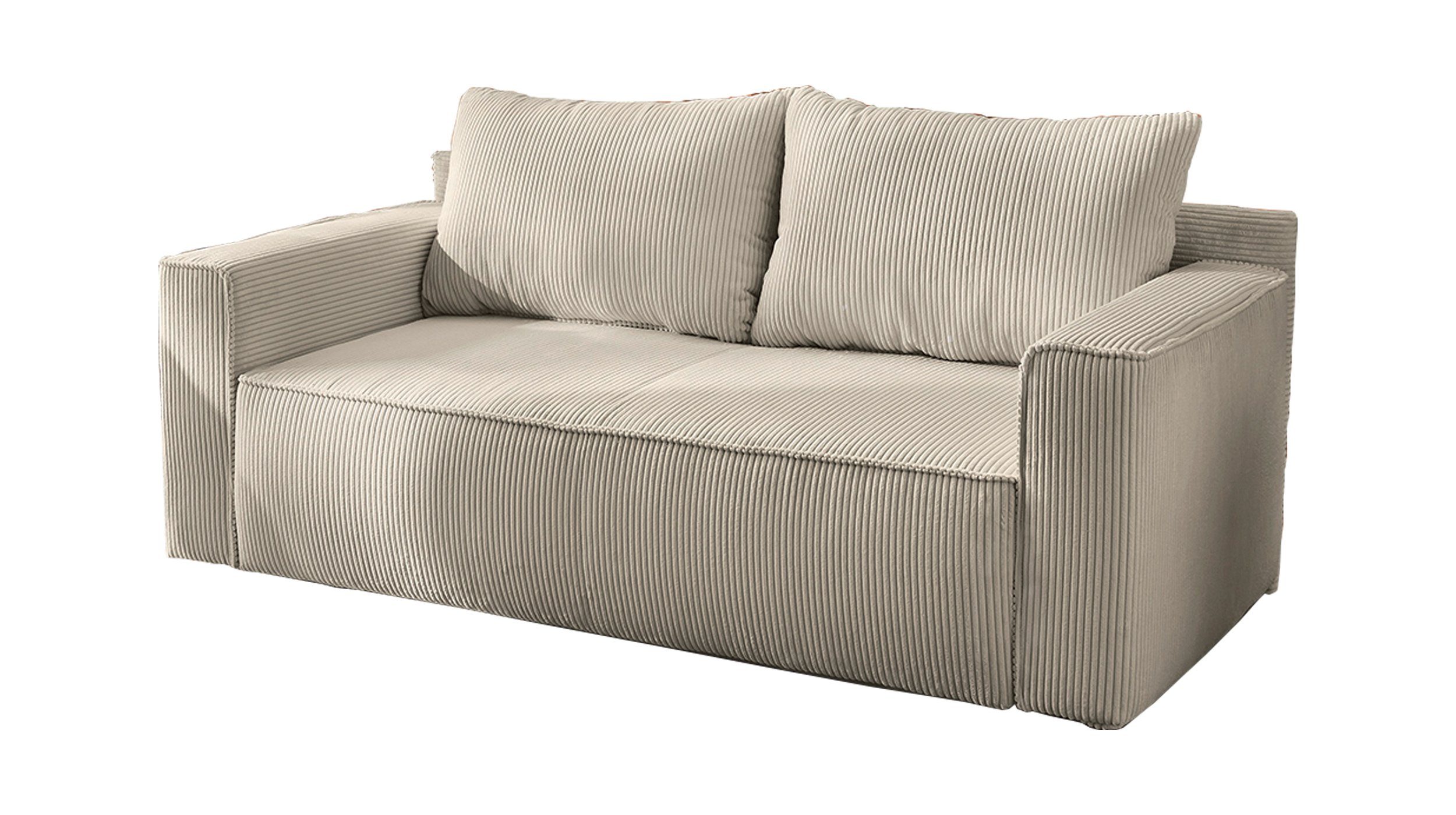 Massivart® Schlafsofa RON Cordbezug grau-beige 185 cm mit Bettfunktion /  Cordsofa, Bettkasten, Federkernpolsterung, Seitentasche, 2 Rückenkissen