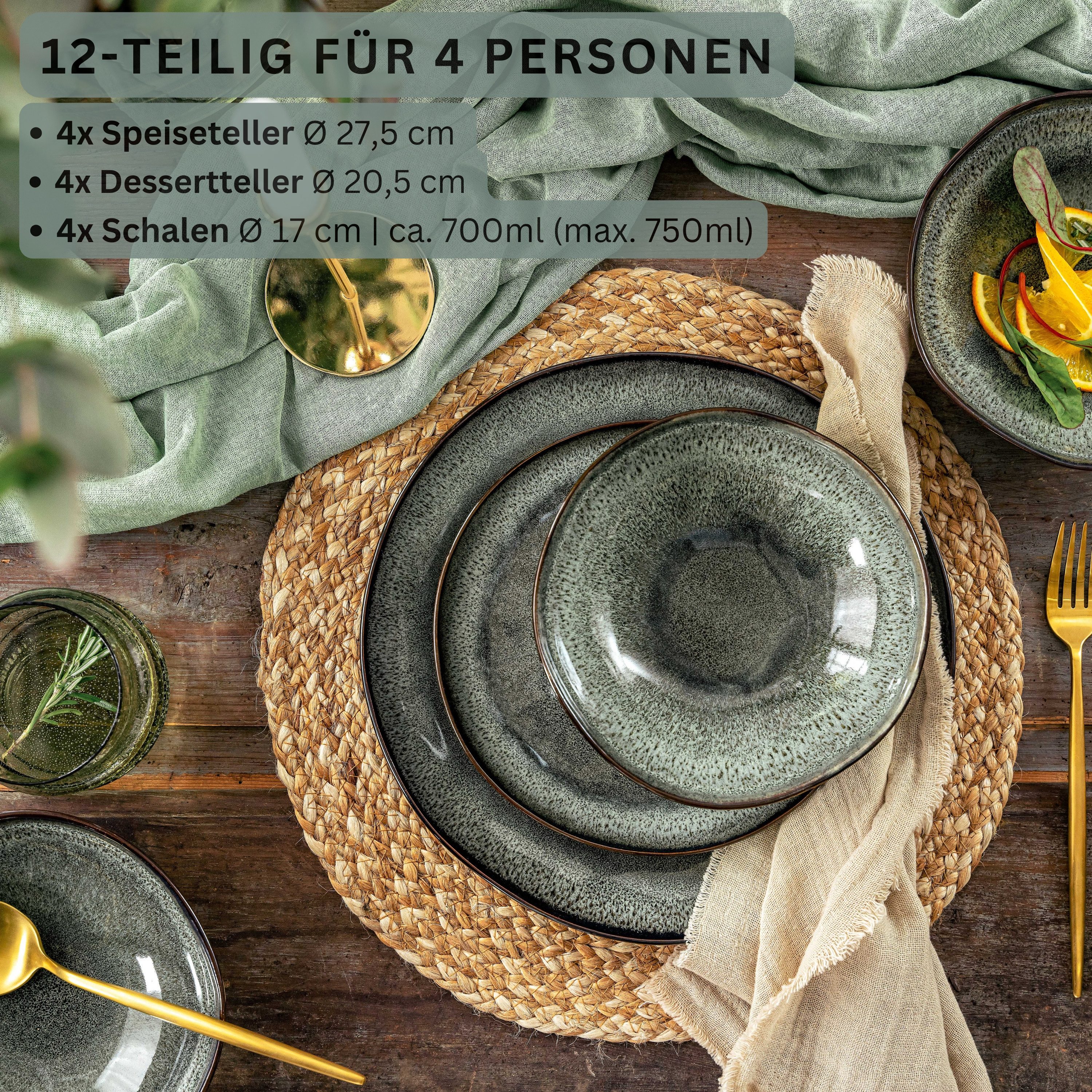 SÄNGER Tafelservice Kopenhagen Geschirrset (12-tlg), 4 Personen, Steingut, Grün-Grau, Handmade, Premium Collection