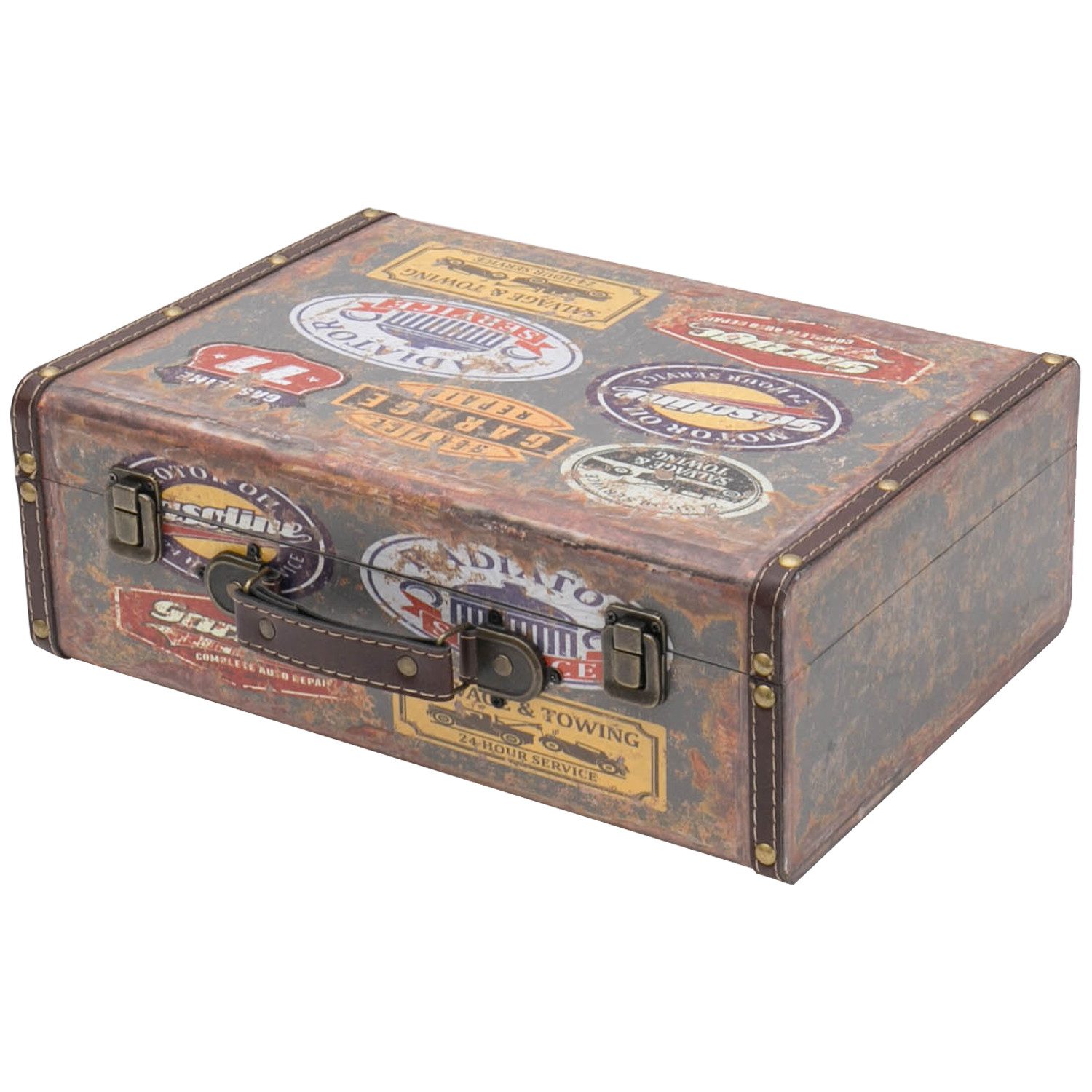 HMF Aufbewahrungsbox Vintage Koffer Holz, Aufbewahrungsbox mit Deckel und Ledergriff als, Geschenkidee für Hochzeit oder Geburtstag, Garage, 38 x 26 x 13 cm