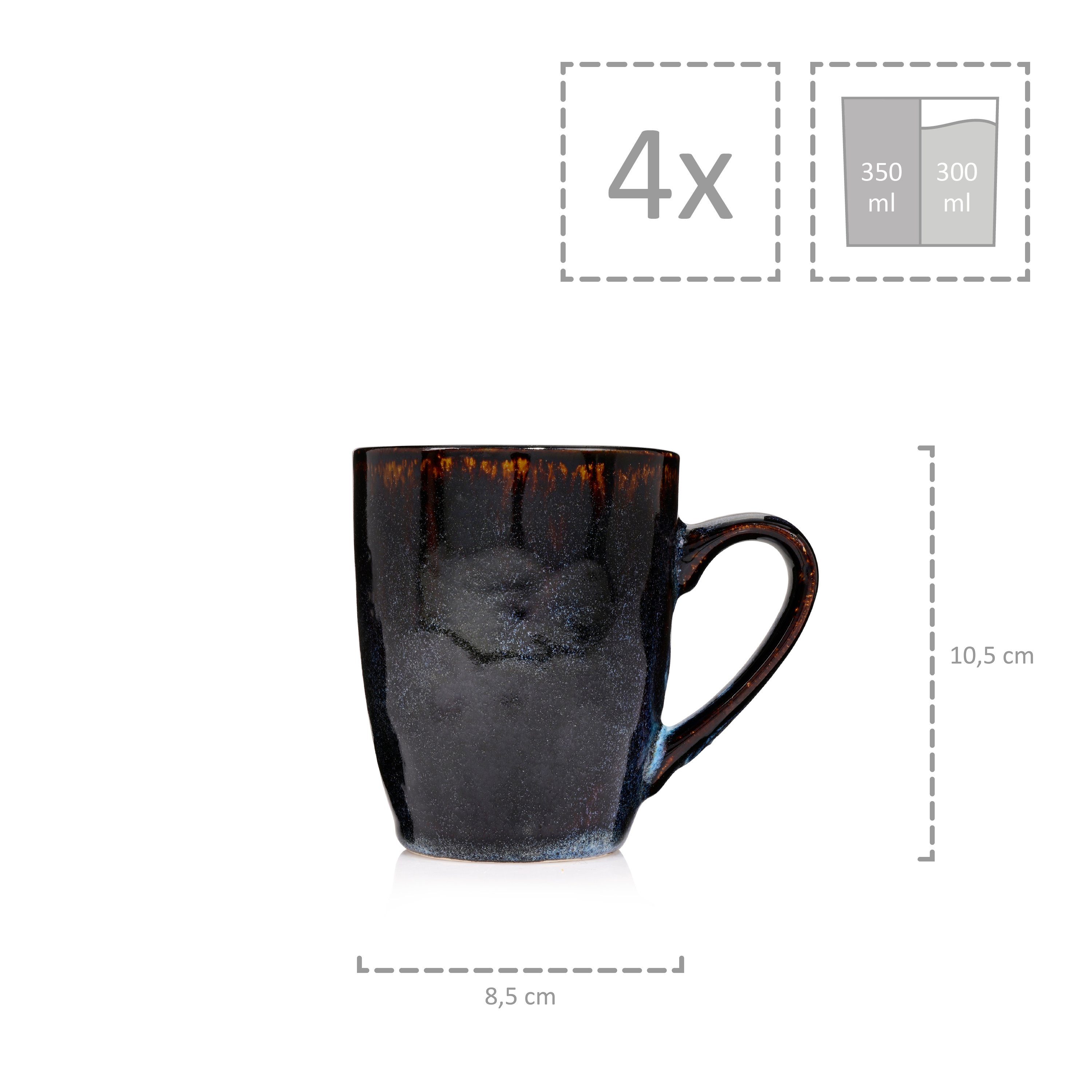 SÄNGER Becher Tokio Kaffeebecher Set, 4-tlg., Steingut, Blau Schwarz, Handmade, Premium Collection