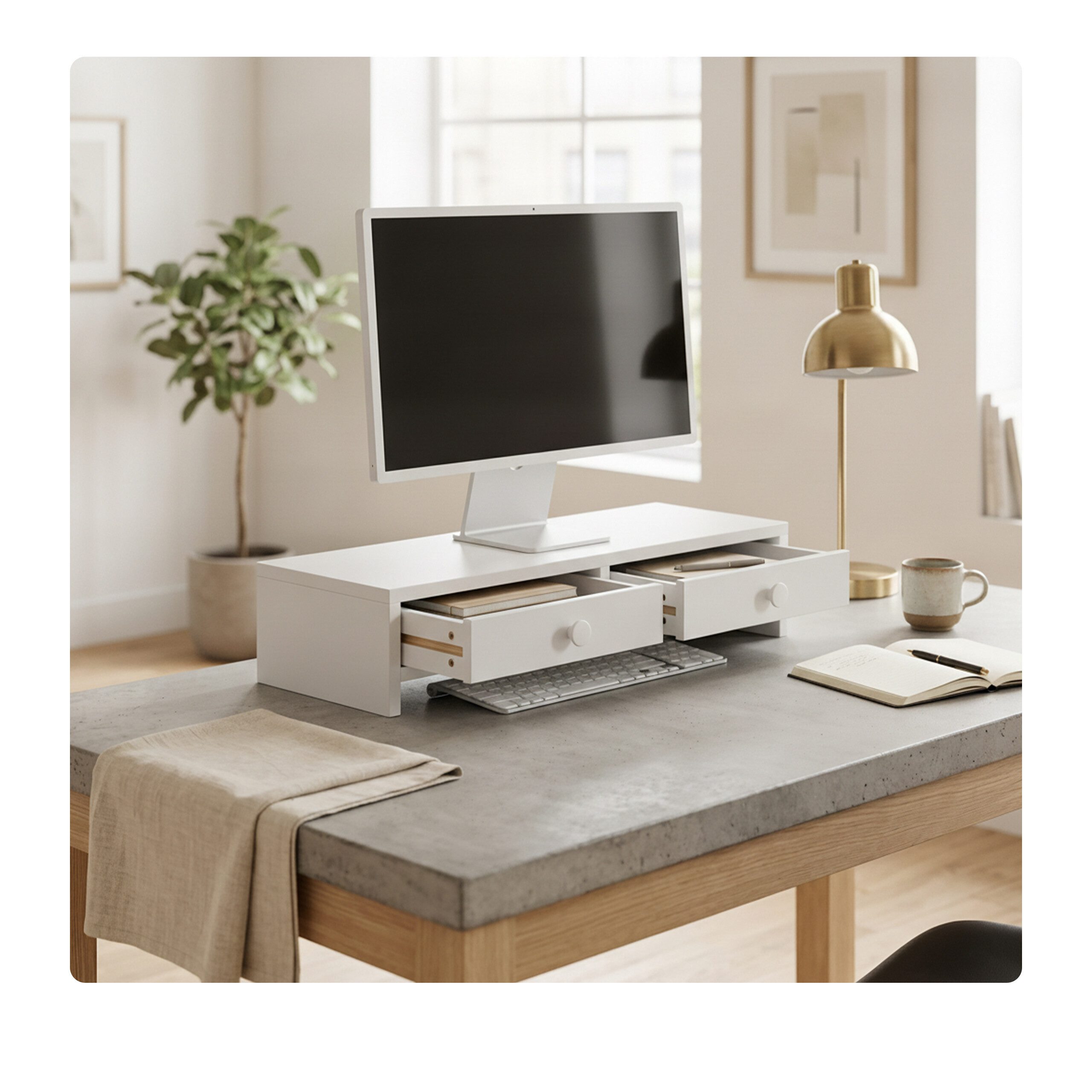 relaxdays Monitorständer mit 2 Schublade, (weiß)