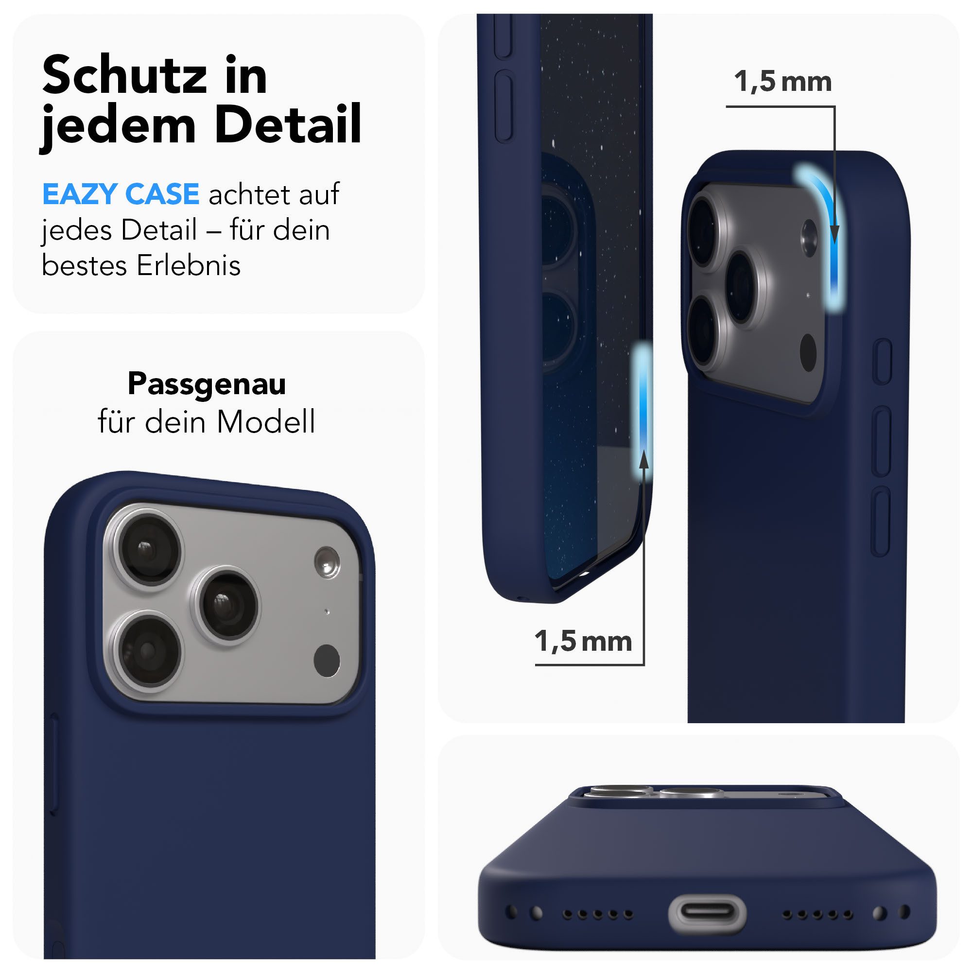 EAZY CASE Handyhülle für Apple iPhone 17 Pro Hülle Silikon 6,3 Zoll, Handy Softcase Hülle Silikon mit Displayschutz Case Blau / Nachtblau