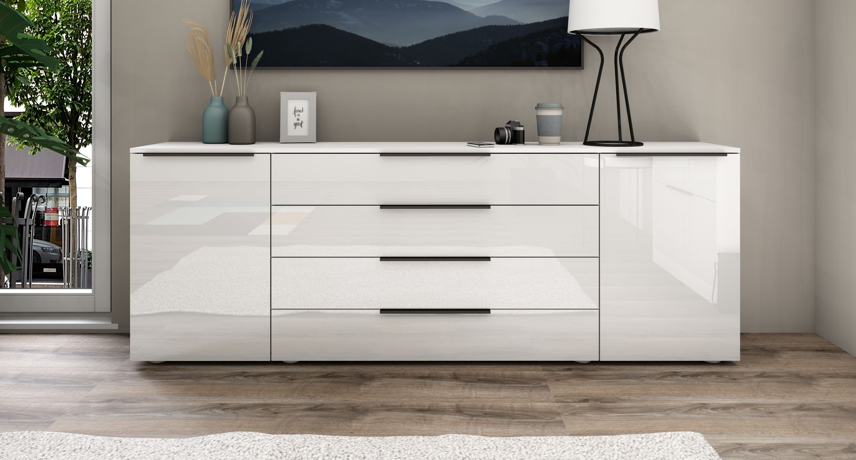 borchardt Möbel Sideboard Tom, moderne Kommode mit Metallgriffen, 200cm breit, 2 Türen, 3 Schubfächer, Metallgriffe anthrazit