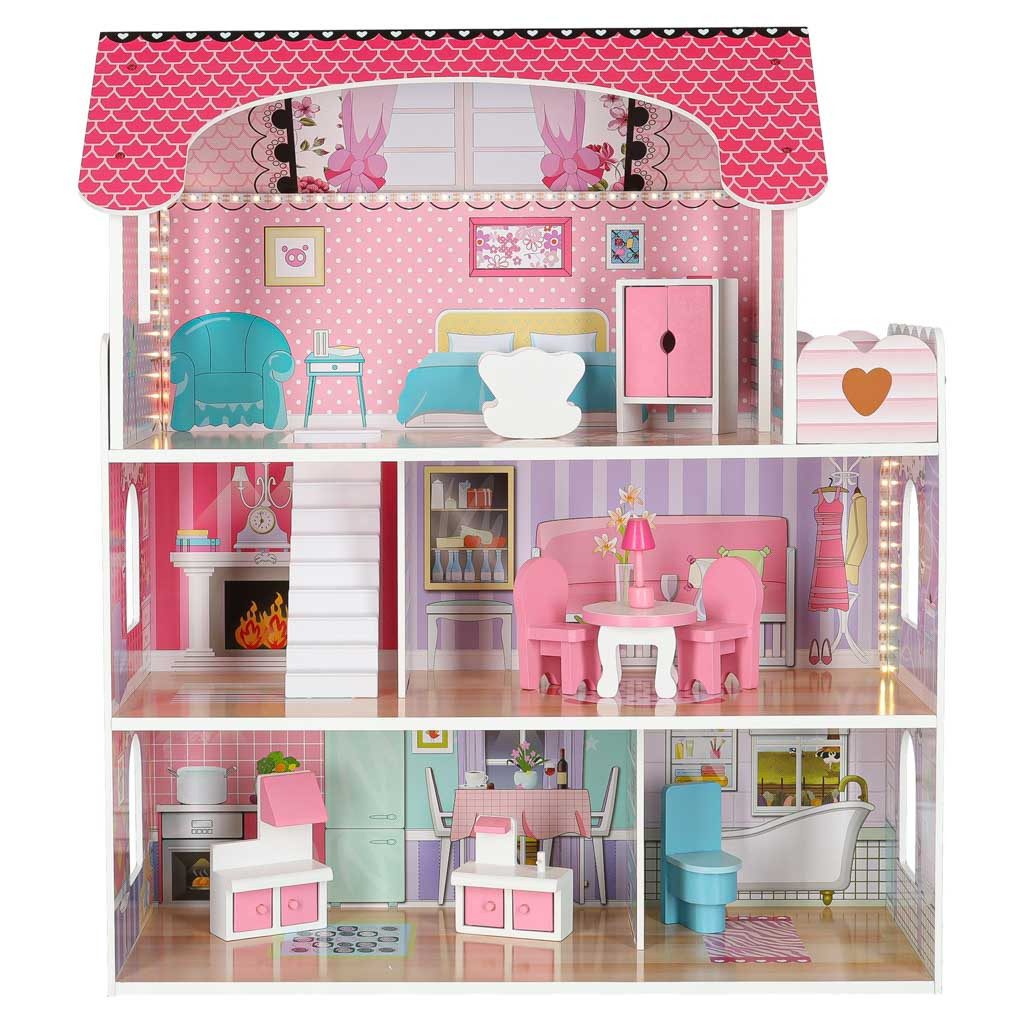 Ikonka Puppenhaus Puppenvilla Puppenstube Spielhaus, (Spar-Set, 1-tlg., 62x27x70 cm beleuchtet), LED-Beleuchtung, 3 Etagen, 5 Zimmer, 9 Möbel