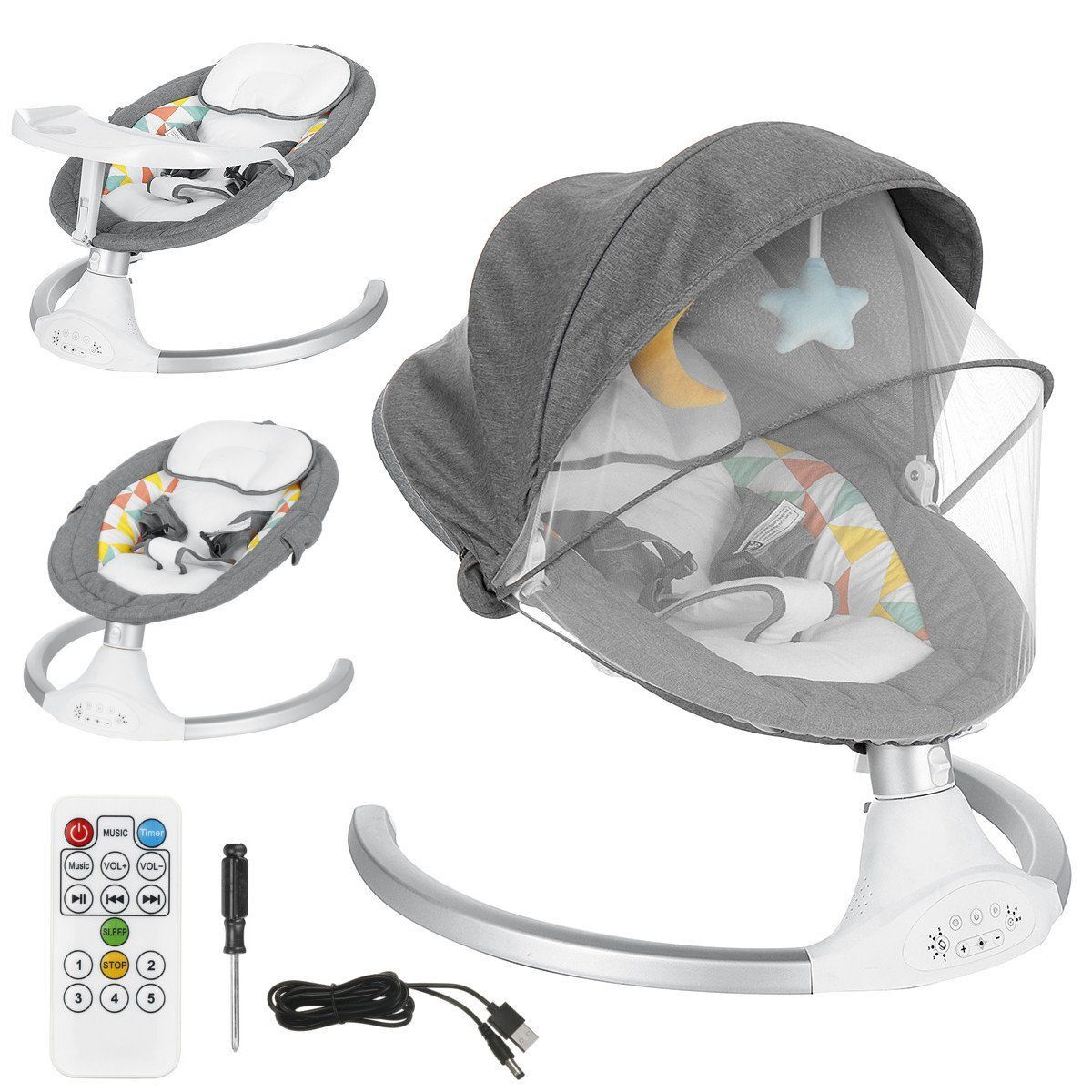 Insma Babyschaukel elektrische Babywippe 5 Gänge, mit Esstisch, bluetooth Musik, Moskitonetz und Spielzeug, max. 9kg