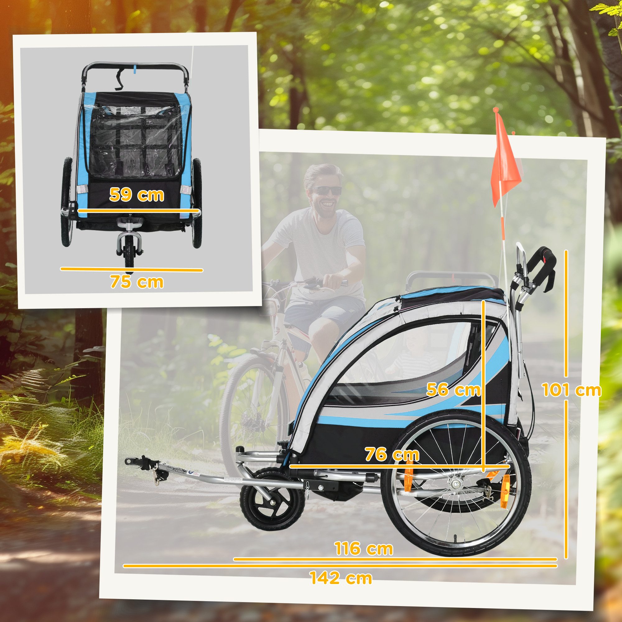 HOMCOM Fahrradkinderanhänger Kinderanhänger, Fahrradanhänger, für 2 Kinder, Blau, 2-in-1 Design, faltbar