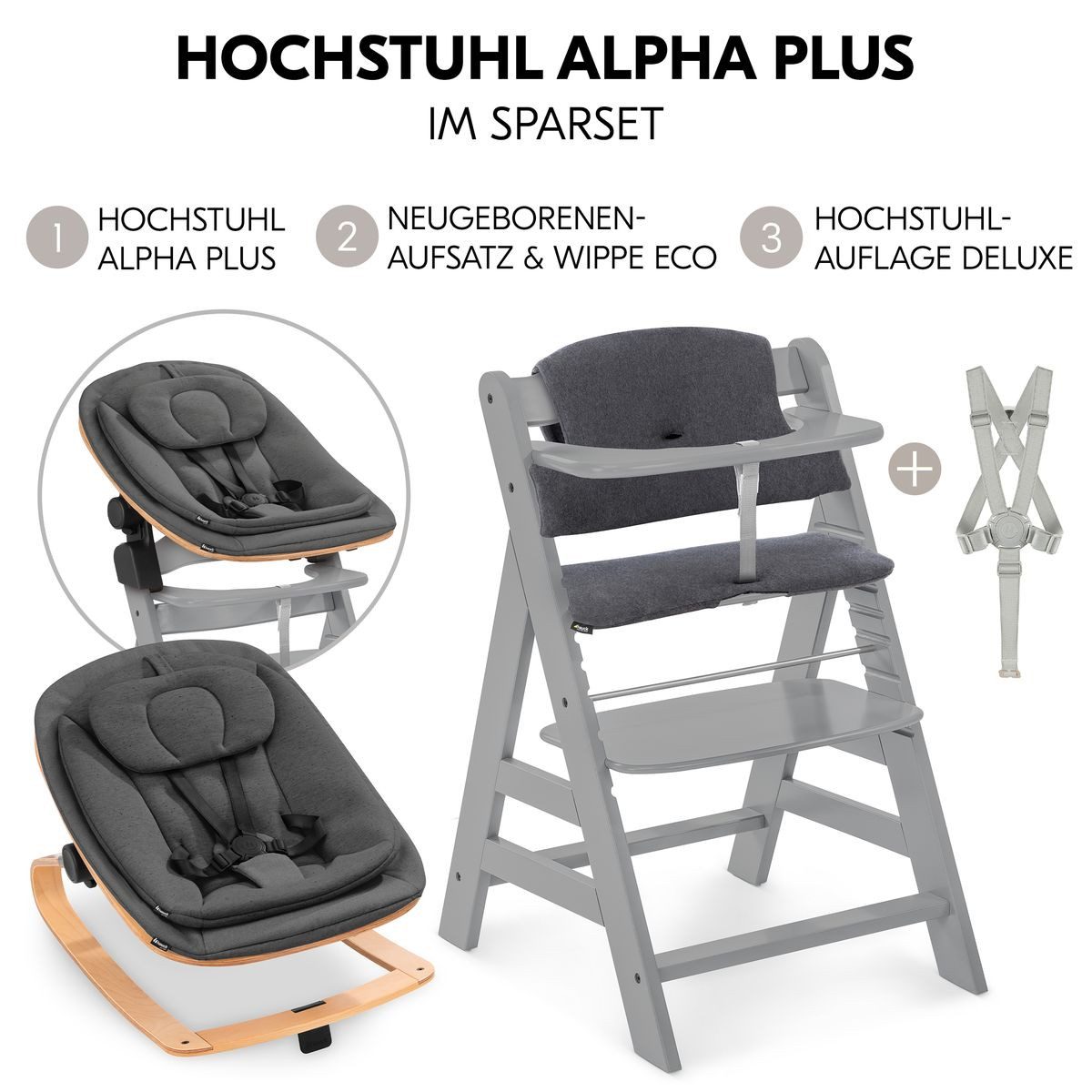 Hauck Hochstuhl Alpha Plus Newborn Set Eco - Grey, Holz Babyhochstuhl ab Geburt inkl. Neugeborenenaufsatz & Sitzauflage