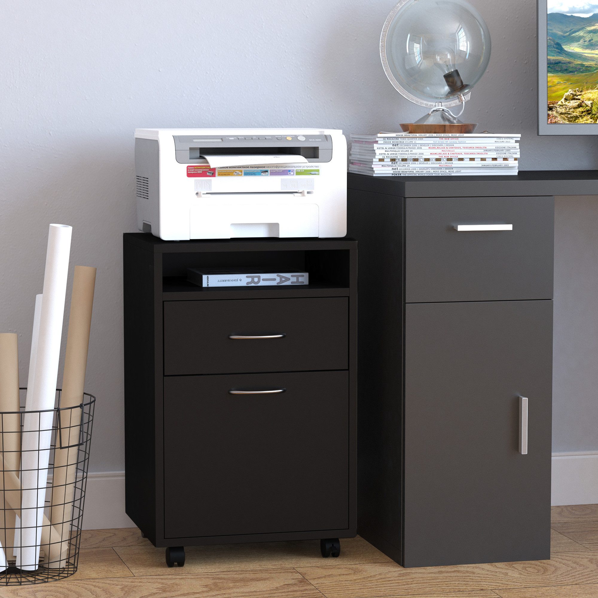 HOMCOM Rollcontainer mobiler Aktenschrank mit Rollen, offen Fach, Büroschrank, (Büroschrank, 1 St., Aufbewahrung Container), für Büro, Arbeitszimmer, Schwarz, 40 x 35 x 60 cm