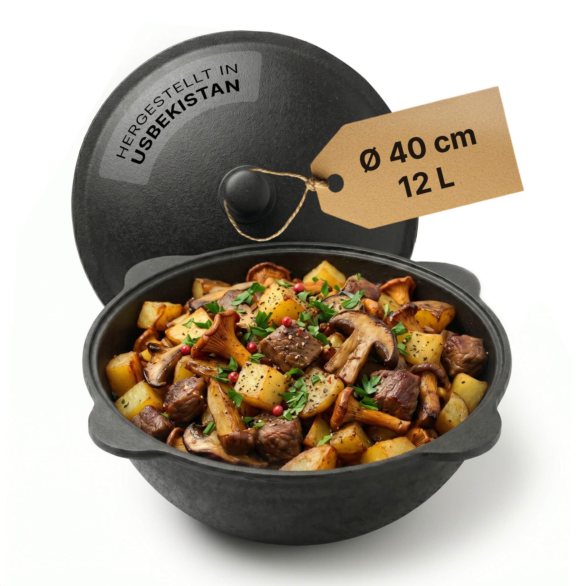 BIG-PAN Wok Gusseisen Kazan 12 L mit Deckel Feuertopf für Camping Grill Dutch Oven, (Feuertopf Schwenktopf Dutch Oven, Uzbekischer Kessel Namangan), asiatischer Topf für Plov Wok Eintöpfe