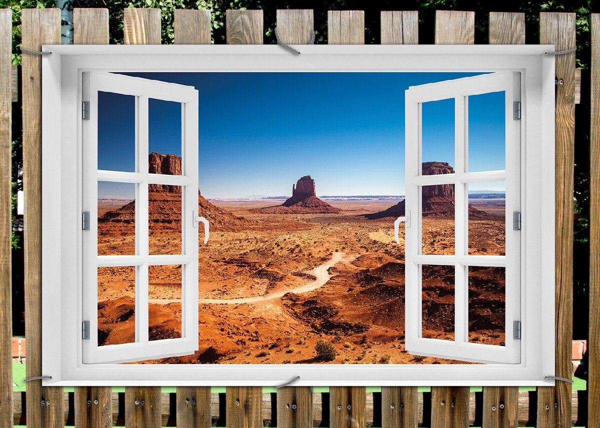 Thumbnail - Wallario Sichtschutzzaunmatten Monument Valley unter blauem Himmel, mit Fenster-Illusion