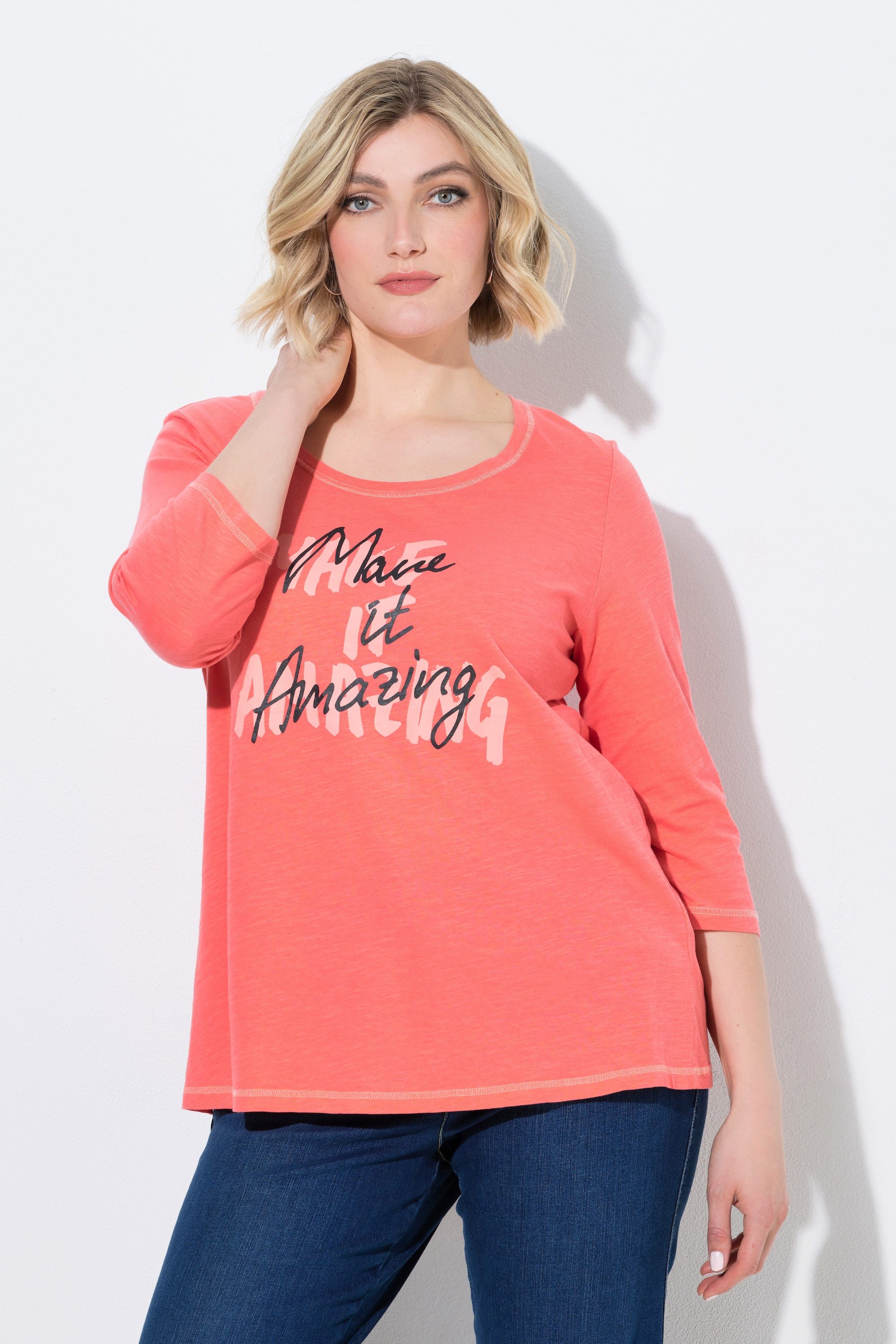 T-Shirt Shirt Schriftmotiv A-Linie Rundhals 3/4-Arm