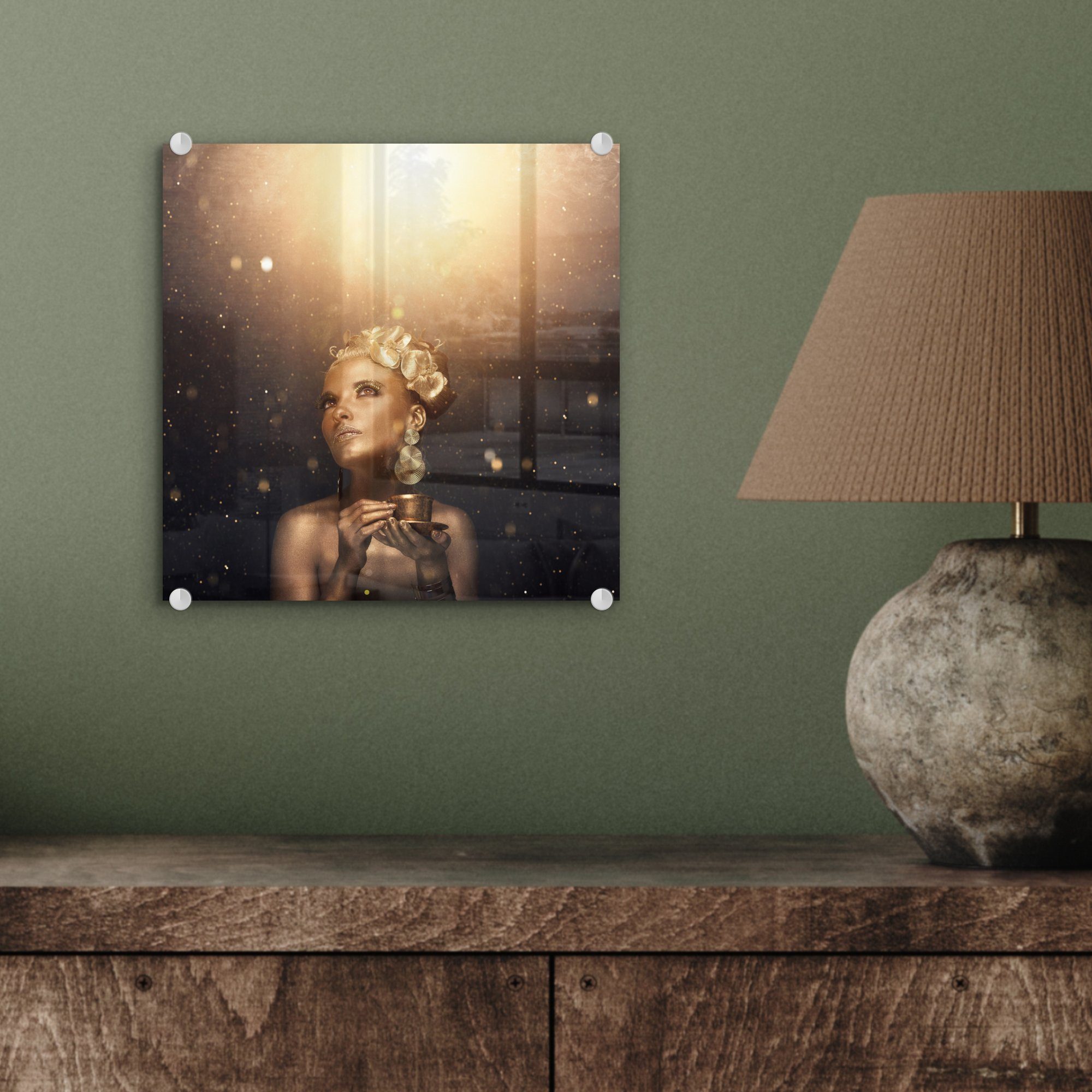 St), (1 - Bilder mit Glas goldener Frau Wandbild - Foto MuchoWow Wanddekoration Acrylglasbild Glasbilder auf Glas auf - Körperbemalung,