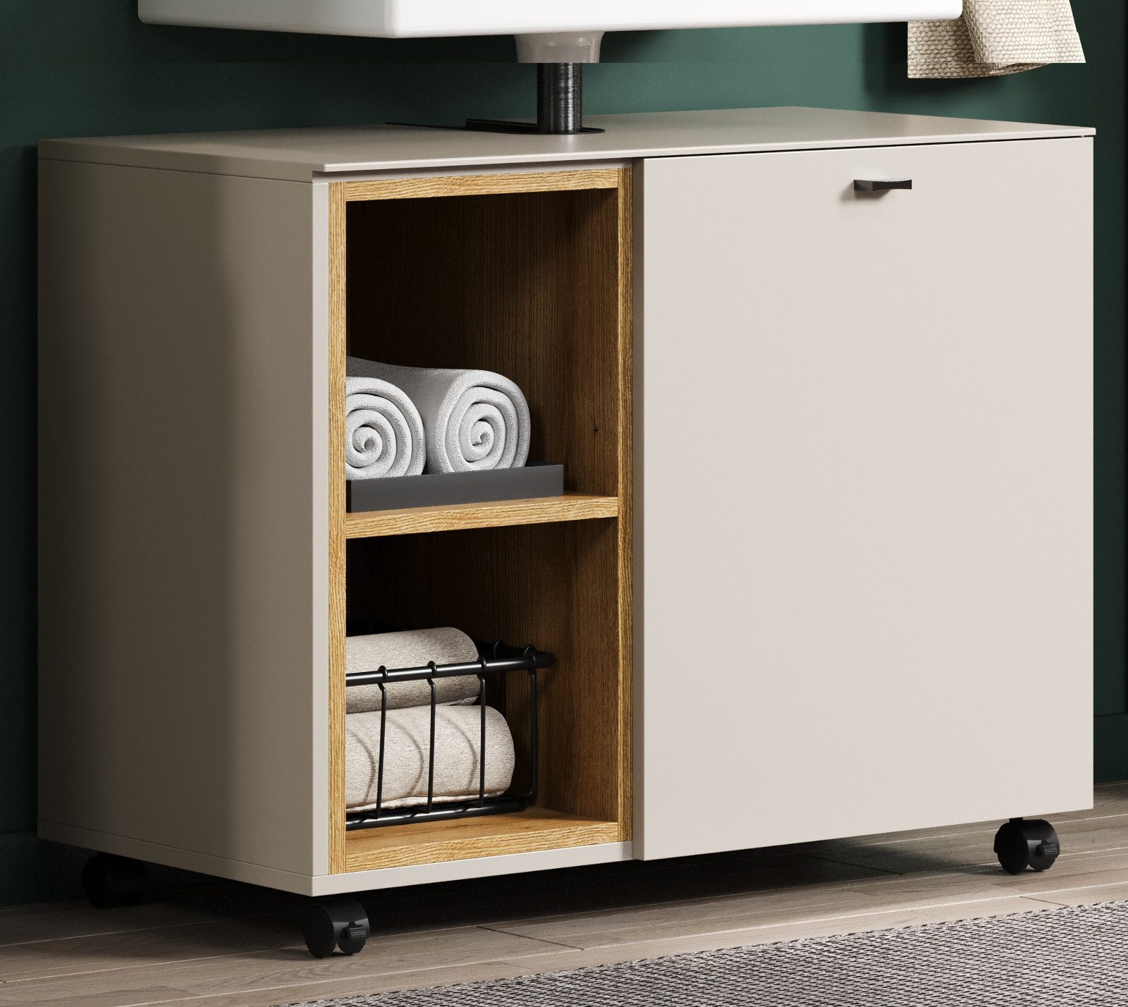 Furn.Design Waschbeckenunterschrank Jardins (in Sand / Kaschmir mit Eiche, auf Rollen, Breite 80 cm) mit Soft-Close-Funktion
