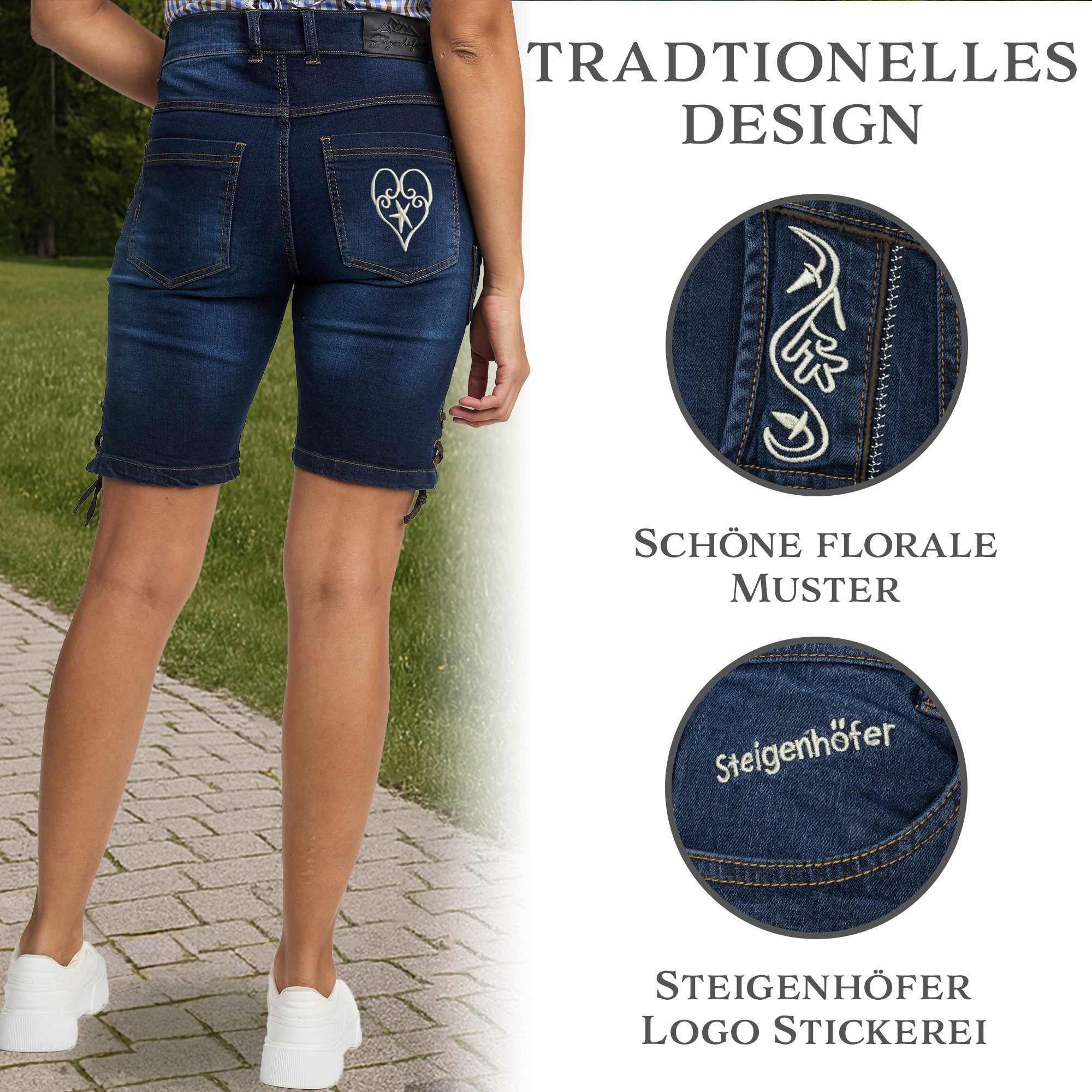 Steigenhöfer Manufaktur Trachtenjeans im Lederhosen Look - Damen Shorts - Stretch für Komfort - Capri Jeans Traditionelles Design - Ideal für Oktoberfest usw. - auch als 3/4 Hose
