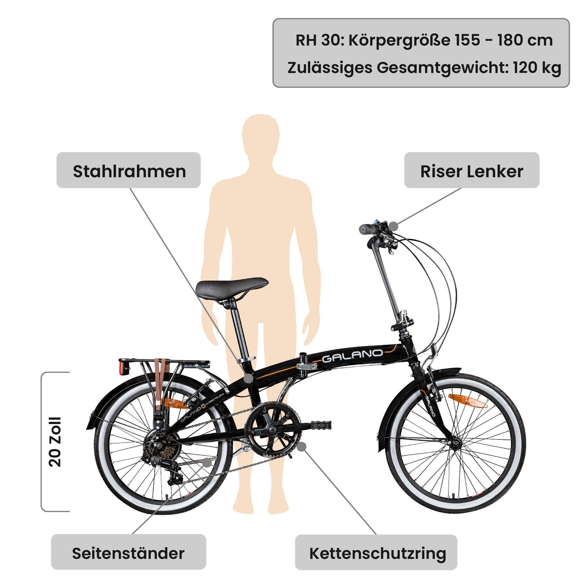 Galano Faltrad Metropolis, 6 Gang, Kettenschaltung, 20 Zoll Klapprad für Erwachsene 155 - 180cm Klappfahrrad Damen Herren