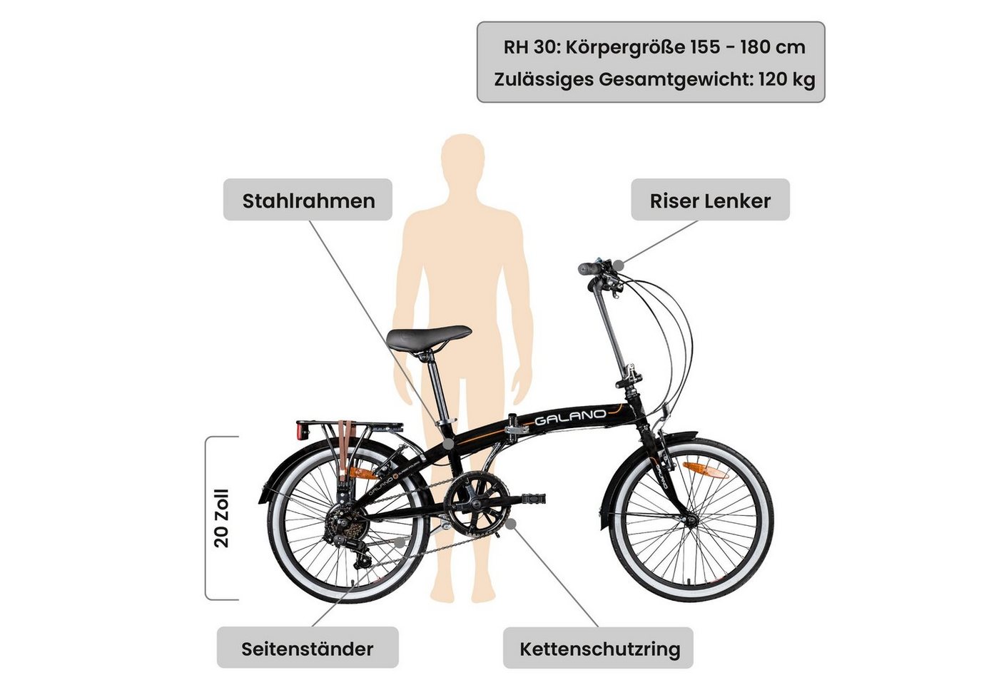 Thumbnail - Galano Faltrad Metropolis, 6 Gang, Kettenschaltung, 20 Zoll Klapprad für Erwachsene 155 - 180cm Klappfahrrad Damen Herre...