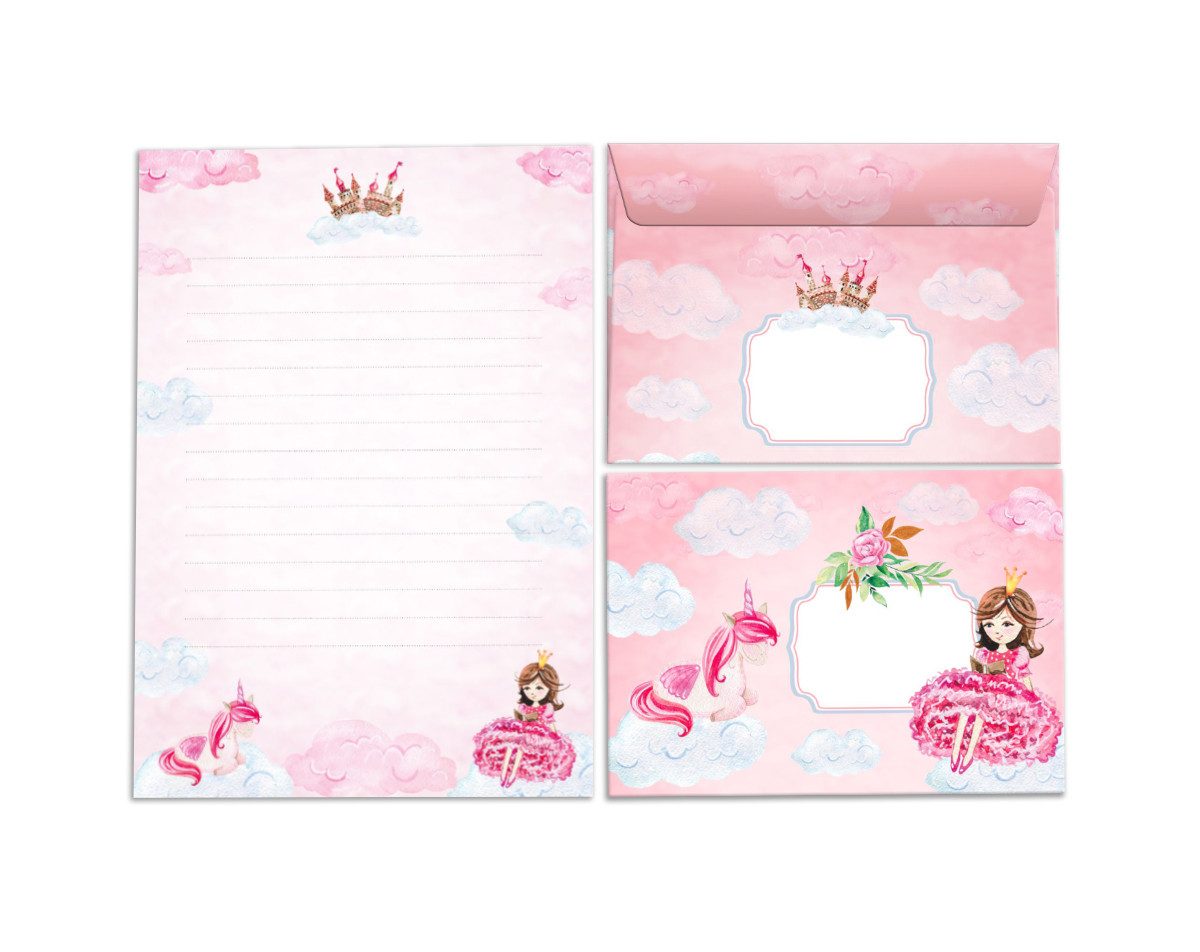 JUNAPACK Briefpapier Set Kinder Briefblock A5 mit Umschlägen Notizblock Papier Prinzessin, Kinder-Briefpapier A5 mit 15 Umschlägen, liniert & leicht beschreibbar