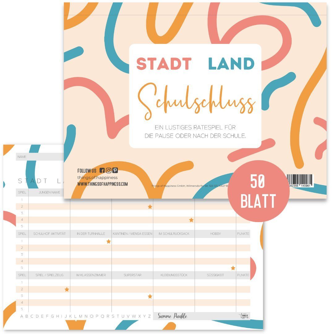 Things of Happiness Spiel Stadt, Land, Fluss Schulschluss, Ratespiel Schüler, Quizblock Urlaub Ferien, Block DIN A4 Format mit 50 Blatt