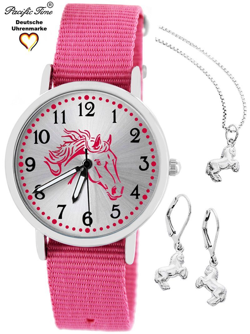 Pacific Time Quarzuhr Set Kinder Armbanduhr Pferd Wechselarmband und Schmuckset, (mit 925er Schmuckset), Mix und Match Design - Gratis Versand rosa