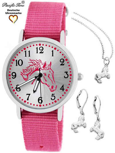 Pacific Time Quarzuhr Set Kinder Armbanduhr Pferd Wechselarmband und Schmuckset, (mit 925er Schmuckset), Mix und Match Design - Gratis Versand