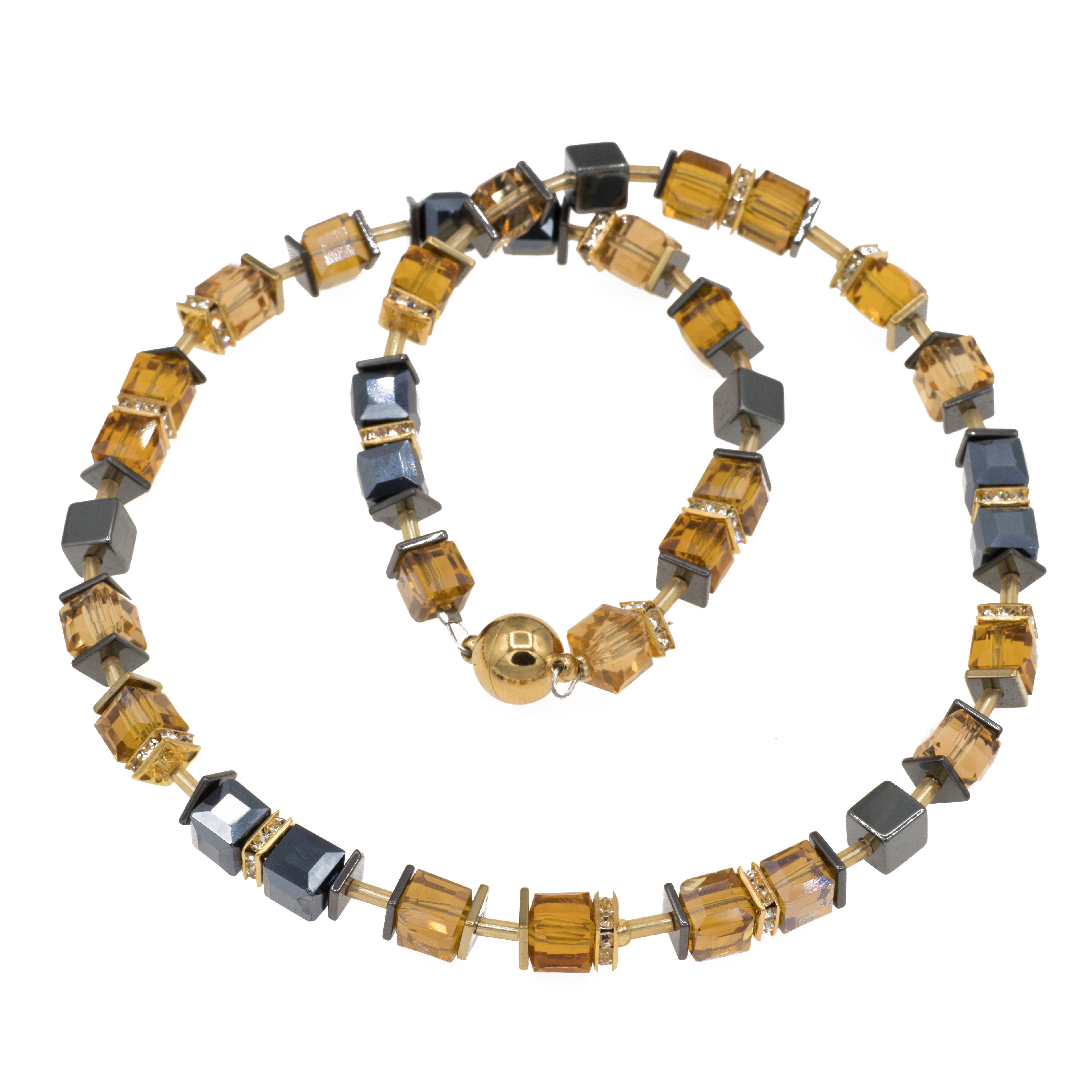 Perlenkette Glaswürfel Kette mit Hämatit champagner farben Magnetverschluss