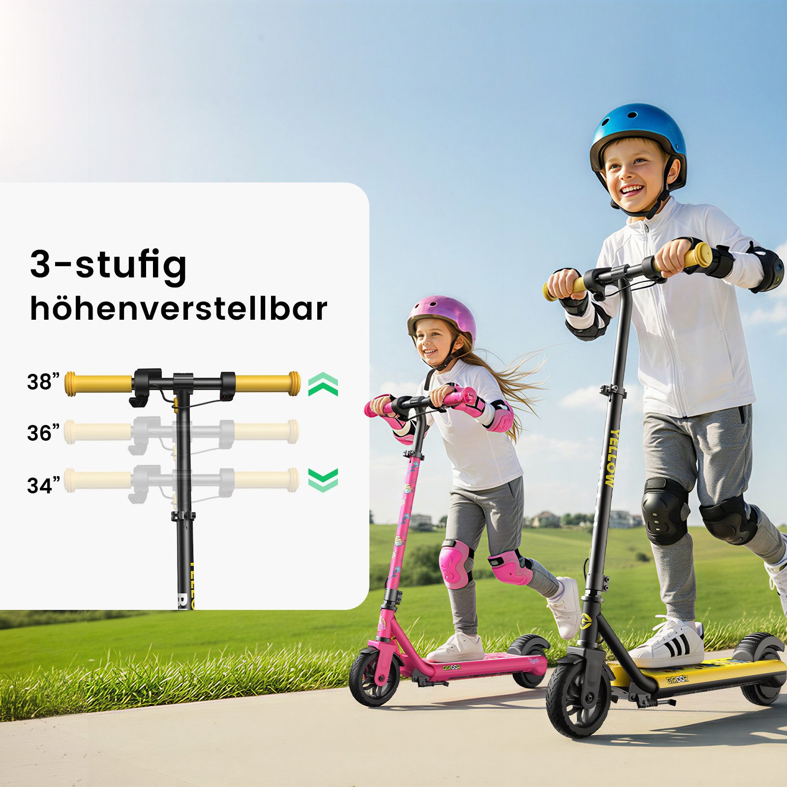 Gyroor E-Scooter Elektro-Kinderroller 6-12 Jahre, Musik E Scooter für Kinder, 16 km/h, (1 tlg), 10/13/16 km/h, LED Display, 3 Einstellbare Höhe, Doppelbremse