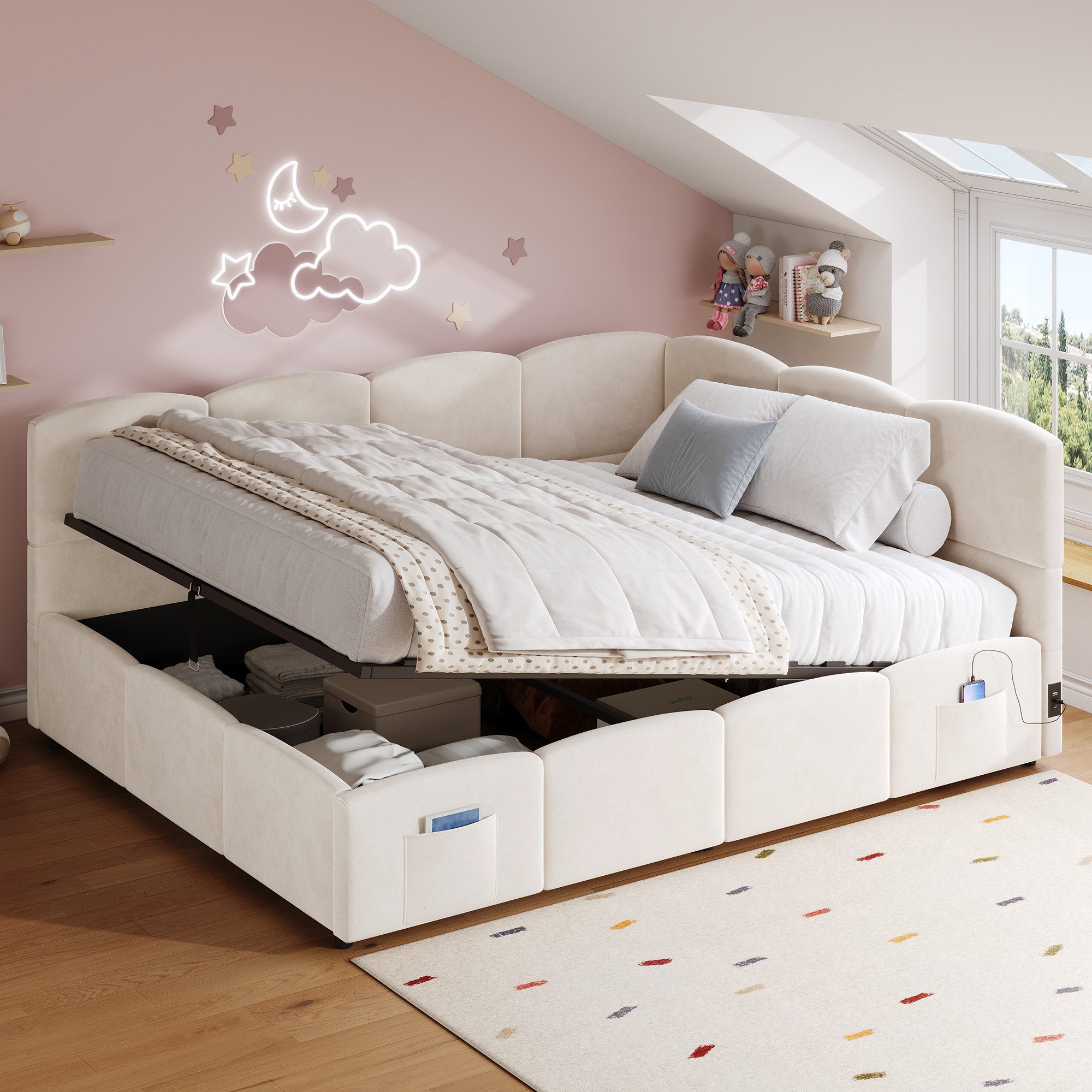 Flieks Polsterbett, Hydraulisches Kinderbett Daybett 140x200cm mit USB-Aufladen & Stauraum