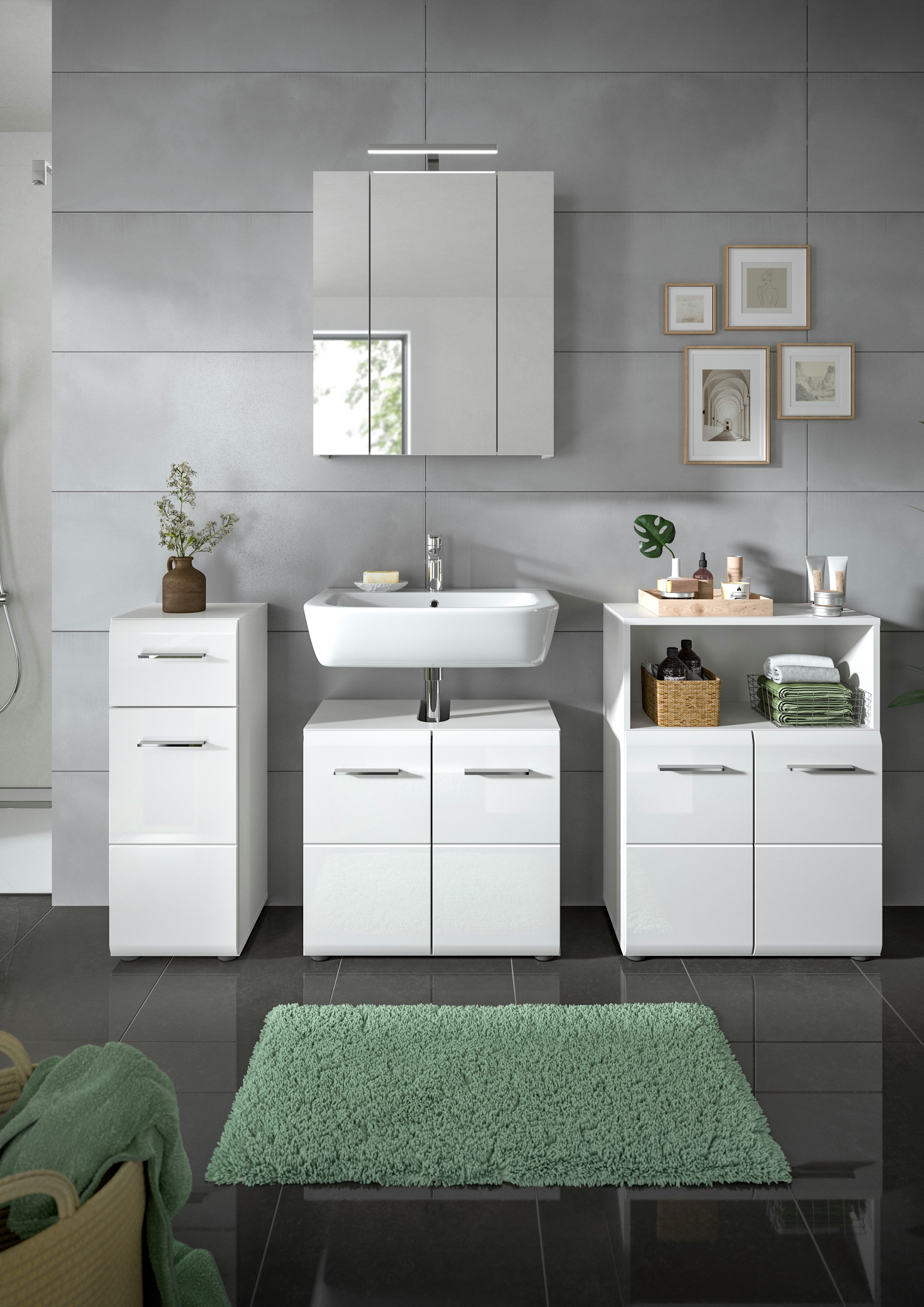 furnling Badkommode Standschrank Ivy, Midikommode mit 2 Türen & offenem Fach, MDF Front, Stauraumschrank Bad