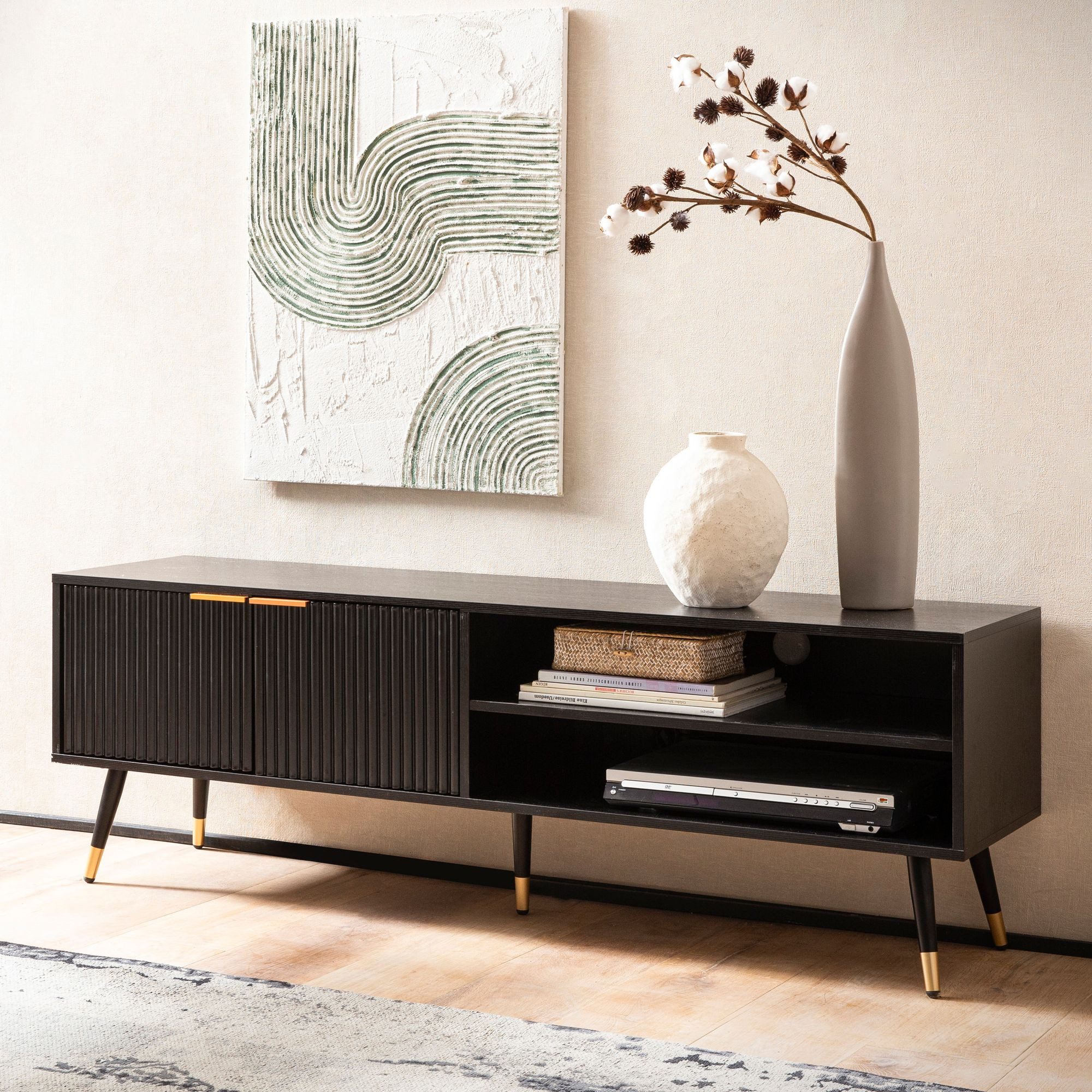 FINEBUY Lowboard FB103280 TV Schrank 150 cm Schwarz Türen Fernsehkommode Ei günstig online kaufen