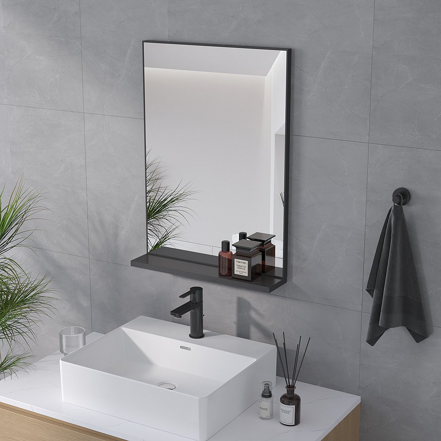 AQUABATOS Badspiegel Wandspiegel mit Ablage Badezimmer Spiegel Bad Hängespiegel Schwarz, Badspiegel mit Aluminiumrahmen ohne Beleuchtung rechteckig Dekospiegel – Bild 3 von 5
