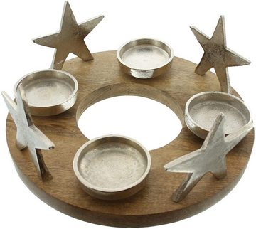 Dekoleidenschaft Adventskranz "Silbersterne" aus Mangoholz & Aluminum, Tischkranz, Ø 30 cm, mit 4 Kerzenhaltern