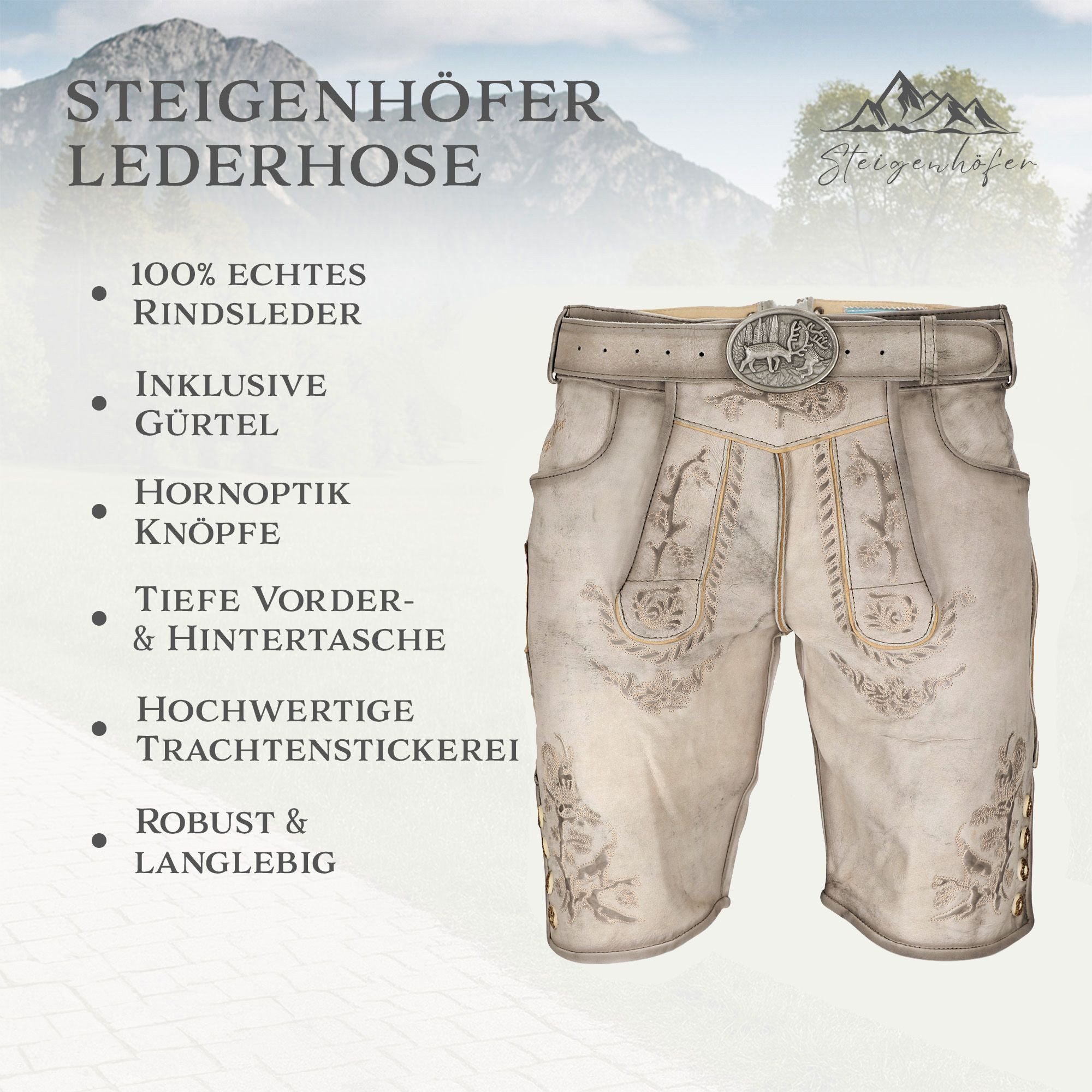 Steigenhöfer Manufaktur Trachtenlederhose FRANZ Vintage Trachtenhose mit Gürtel Nubukleder - Ideal für Dein Oktoberfest Herren Outfit