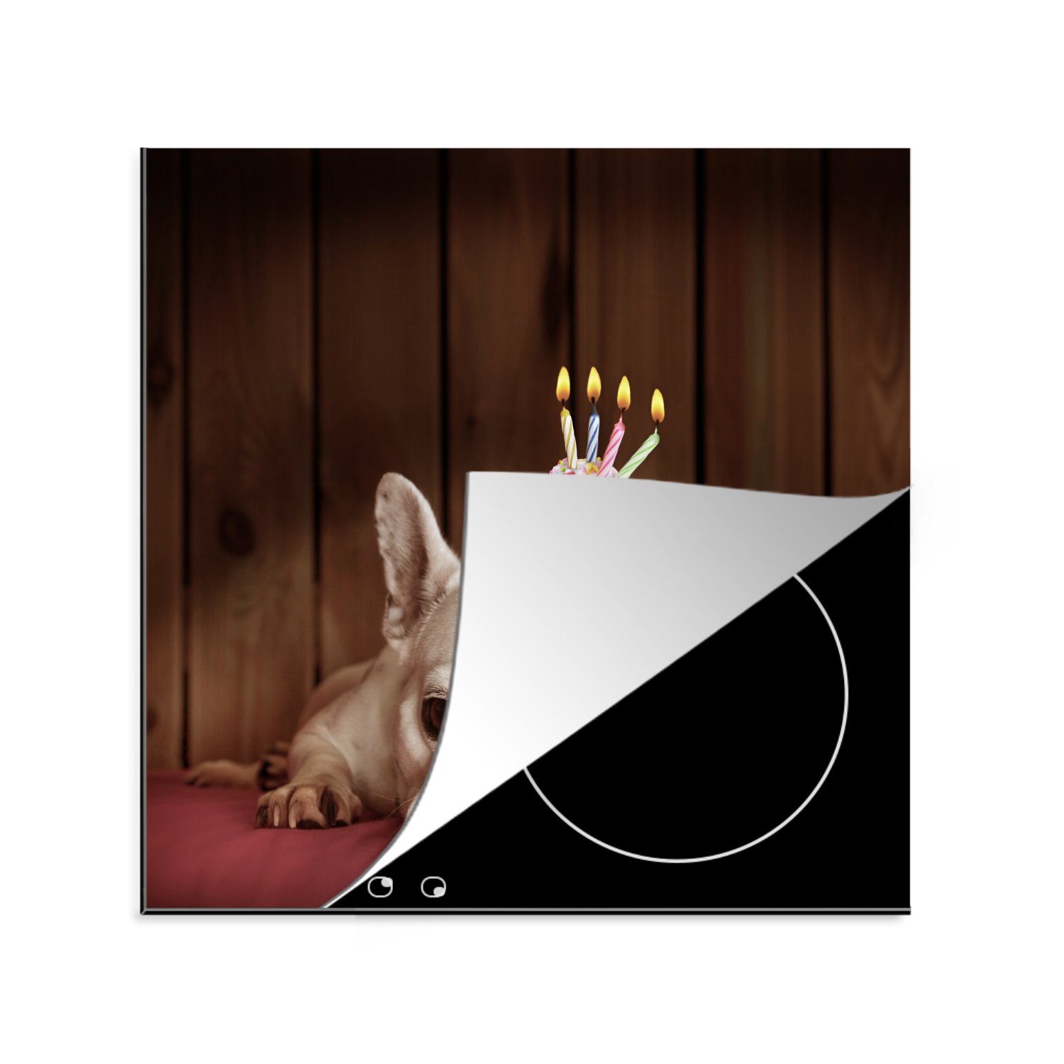 MuchoWow Herdblende-/Abdeckplatte Französische Bulldogge - Cupcake - Kerzen, Vinyl, (1 tlg), 78x78 cm, Ceranfeldabdeckung, Arbeitsplatte für küche