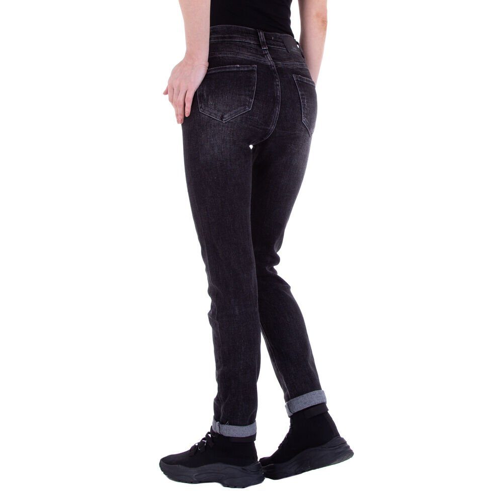Leg Destroyed-Look in Jeans Straight Straight-Jeans Freizeit Stretch Schwarz Ital-Design Damen