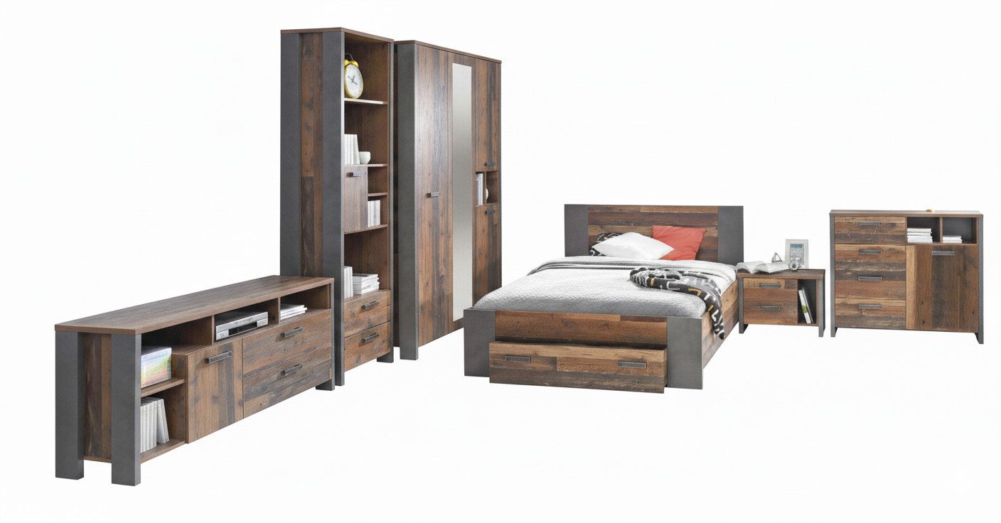 FORTE Komplettschlafzimmer Jugendzimmer CLIF, 7-tlg. Old Wood Vintage und dunkelgraue Betonoptik, (Komplett-Set, 7-tlg., Nachtkommode, Bett, Schublade, Sideboard, Lowboard, Regal, Schrank)